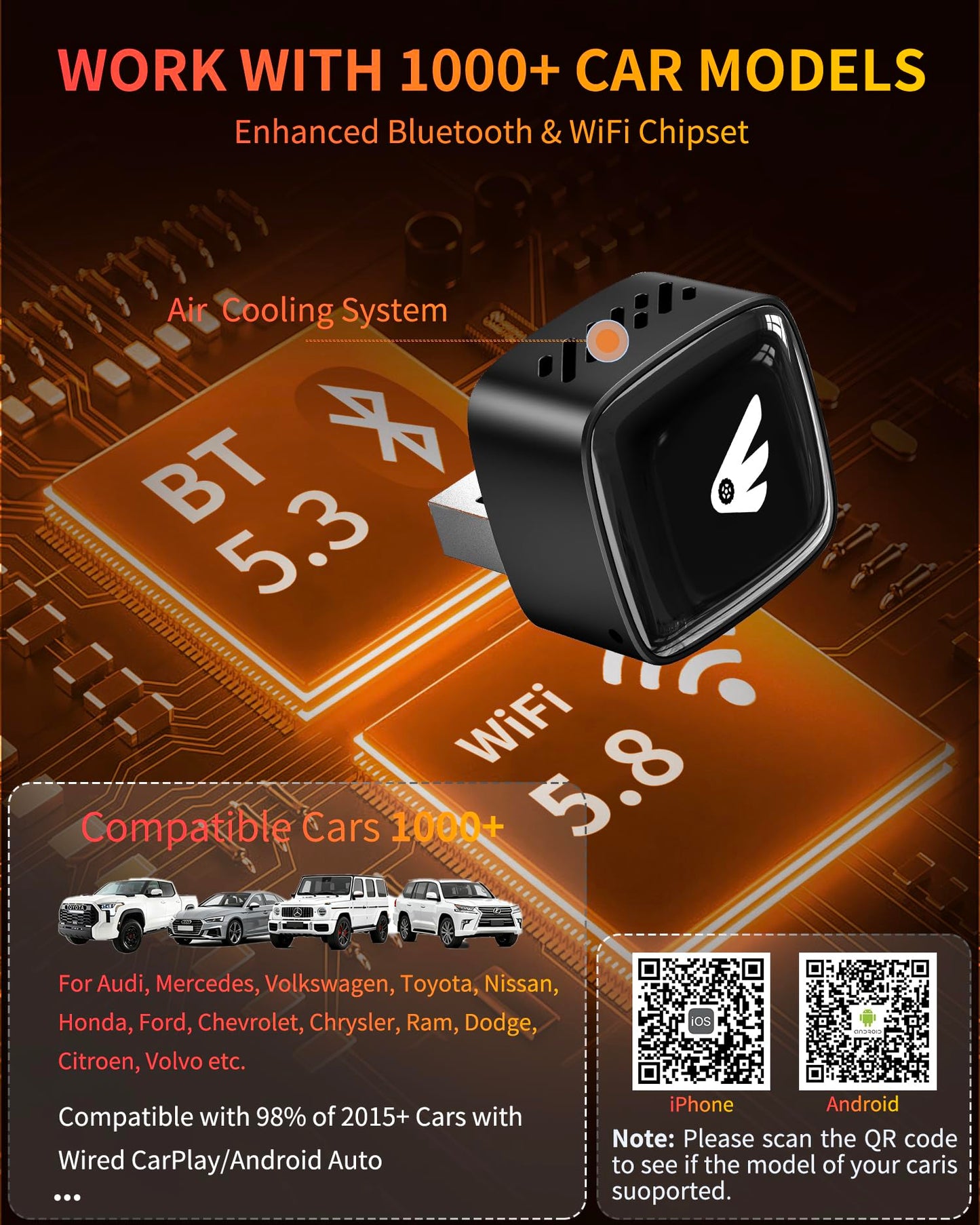 Wireless CarPlay Adapter for iPhone (iOS 10+) & Android Auto Converter (Android 11+), Plug & Play Dongle for Cars 2016+, Wired to Wireless