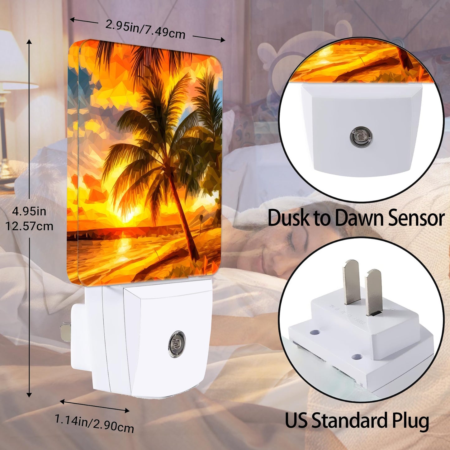 Jopowide Sunset Seashore Night Light, Palm Trees Night Lights Plug into Wall Decor for Bedroom,Bathroom,Hallway,Kitchen,Dusk to Dawn Sensor