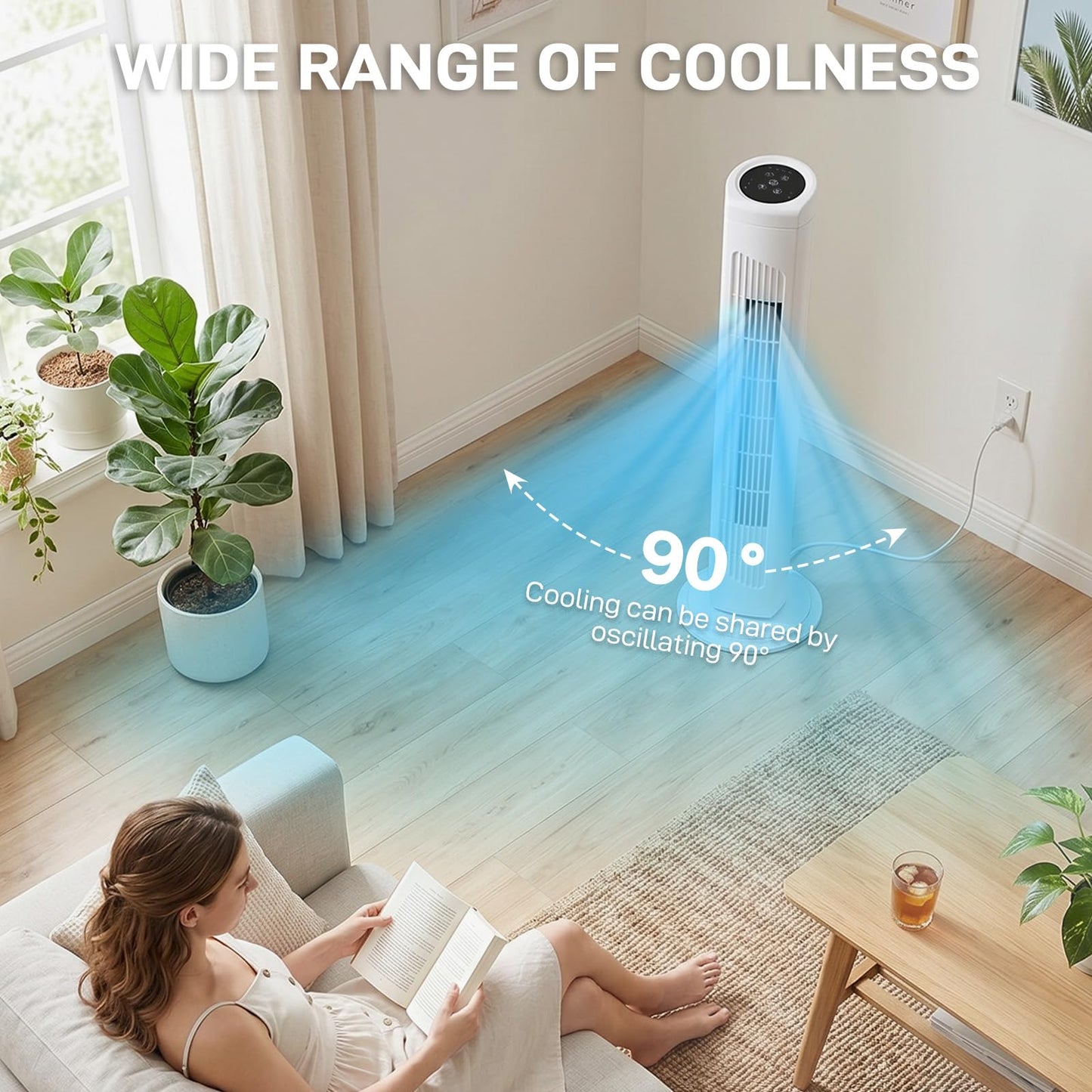 Pinikuyiro Tower Fan for Bedroom, 90° Oscillating Fans that Blow Cold Air, 3 Speeds,3 Modes, 7.5H Timer, Remote, Touch, 32" Standing Floor Fan