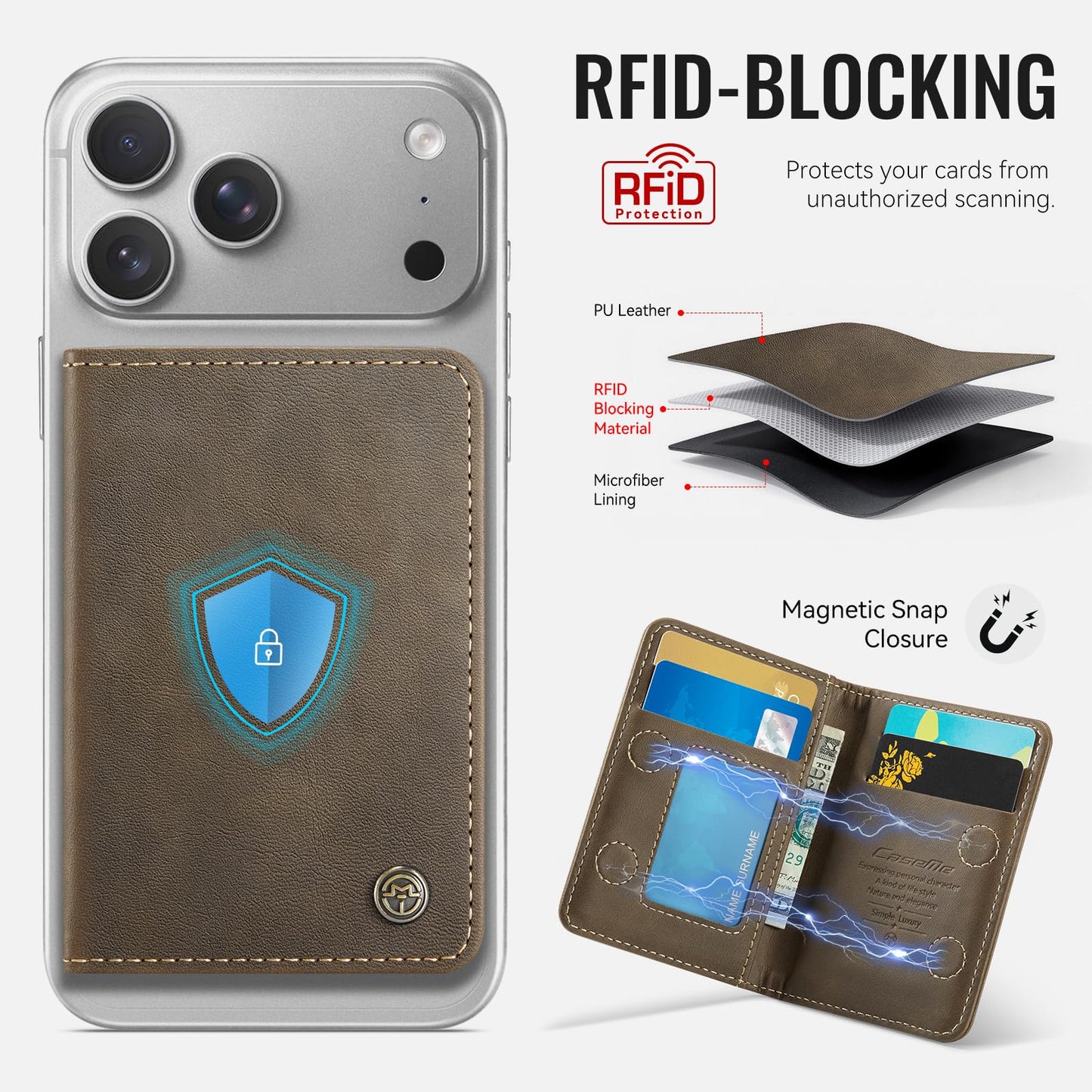 XIMAND Magnetic Wallet Card Holder with RFID Protection, PU Leather Slim Wallet, Strong Magnet Attachment for iPhone 18/17/16/15/14/13/12 Series Pro