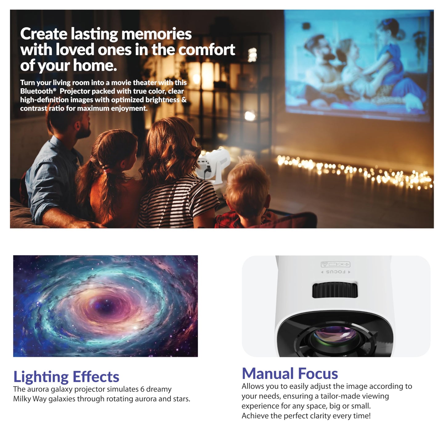 Supersonic SC-92P Smart HD Wi-Fi Projector with Bluetooth, 720p Native, 1080p Support, 1760 Lumens, 180° Rotatable, 6 Galaxy Lighting Effects, HDMI