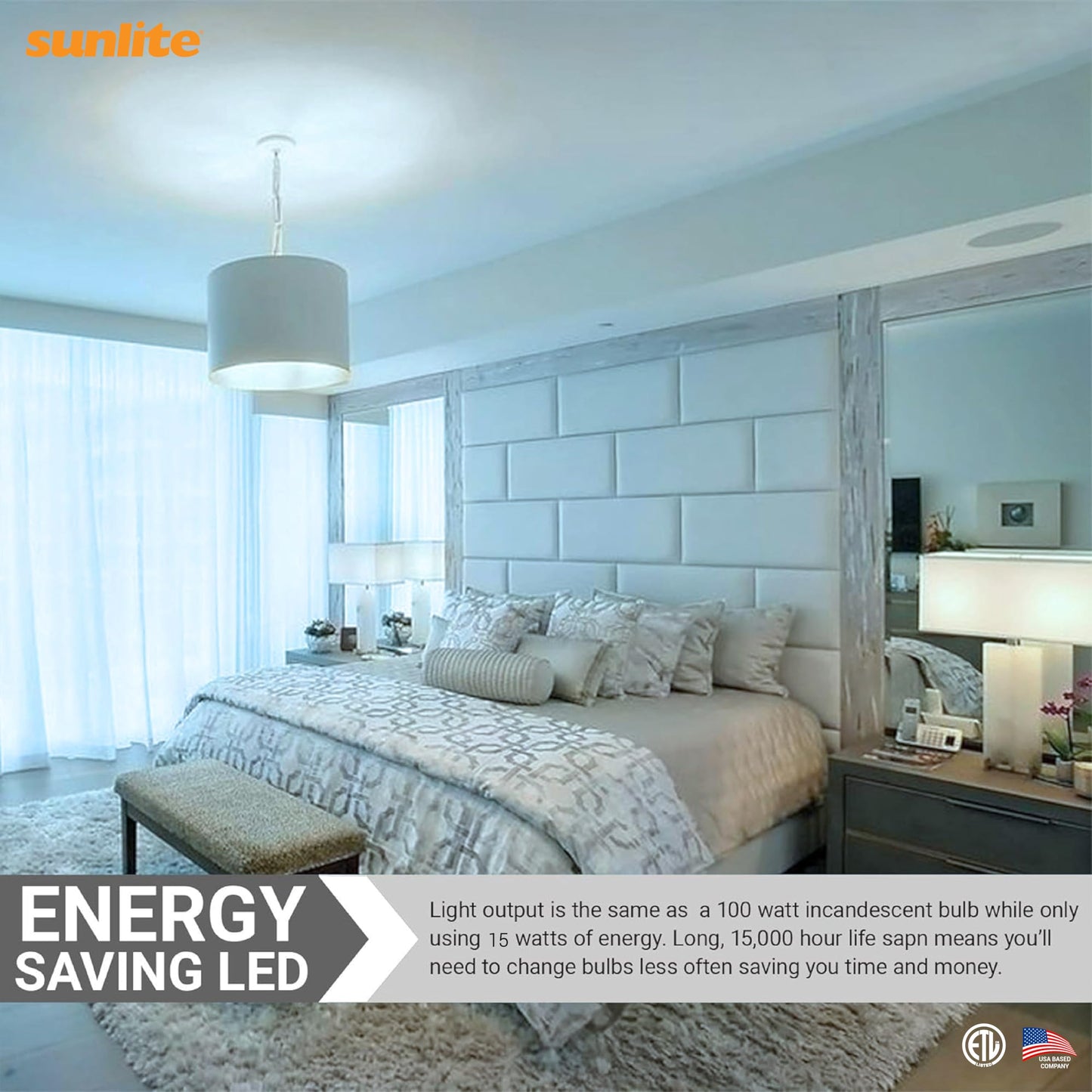 Sunlite LED A19 Light Bulbs, 15 Watts (100W Equivalent), 1500 Lumens, Medium Base (E26), Non-Dimmable, ETL Listed, 5000K Daylight, 6 Pack