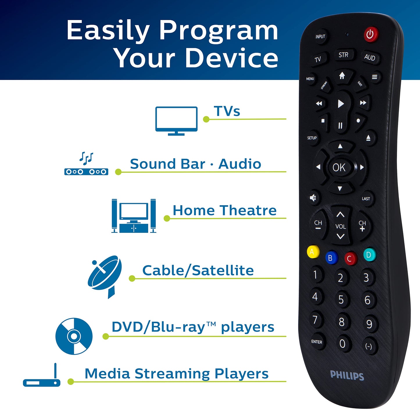 Philips Universal Remote Control, Universal TV Remote Replacement, Samsung TV Remote Control, for Roku Remote Replacement, Vizio, LG, Sony, Apple, 3