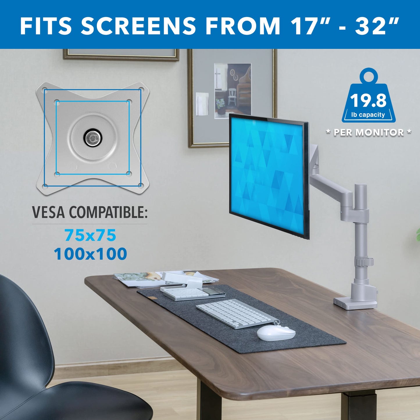 Mount-It! Single Monitor Desk Mount - Pole Mounted Gas Spring Arm, Full Motion Height Adjustable Monitor Stand with C-Clamp or Grommet Base, Fits