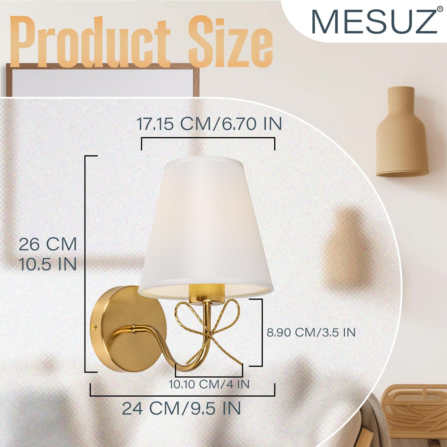 Mesuz Antique Brass Wall Sconces Set of Two, Bow Sconces Decor Gold Wall Lights Brass Brushed Gold Sconce with Fabric Shade, E26 110V Hardwired Wall