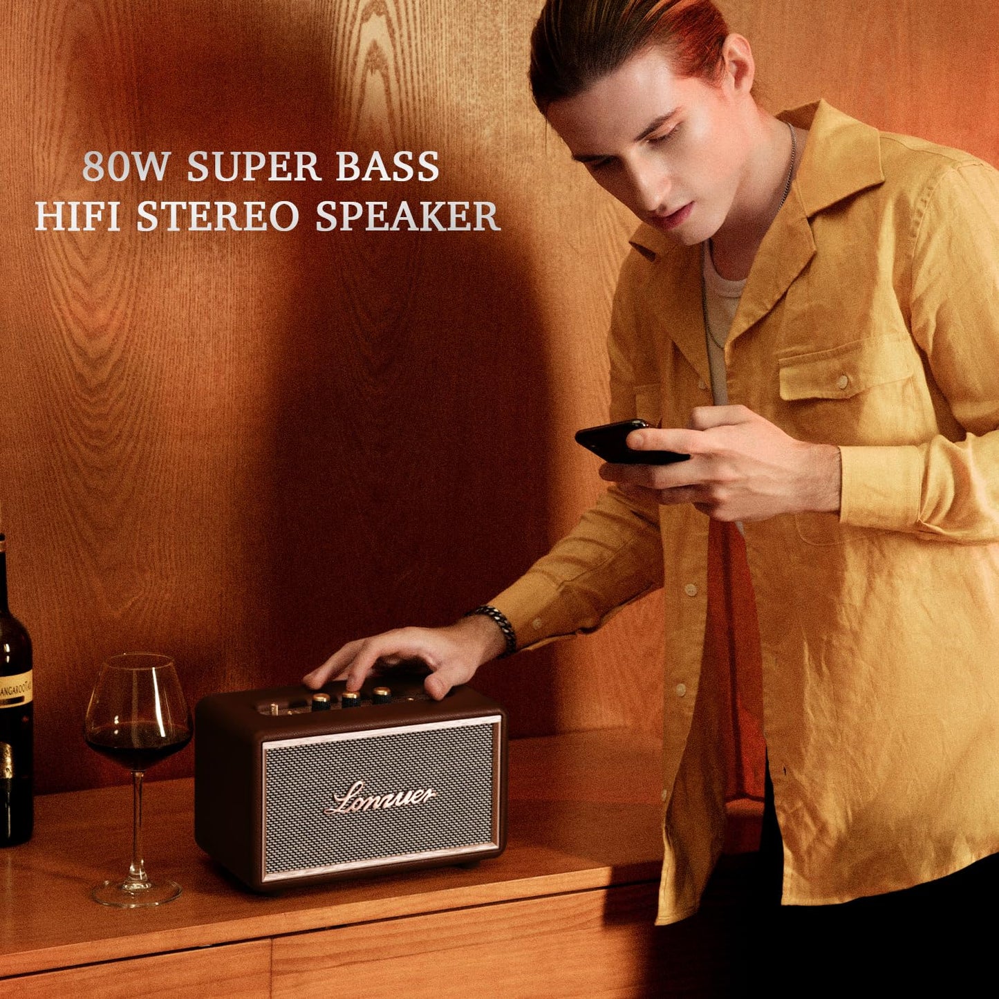 Lonzuer Retro Wooden Portable Wireless 10000mAh Battery Loud Bass Subwoofer TWS Bluetooth Speaker with AUX Input, SD Card Slot, USB Port for Outdoor