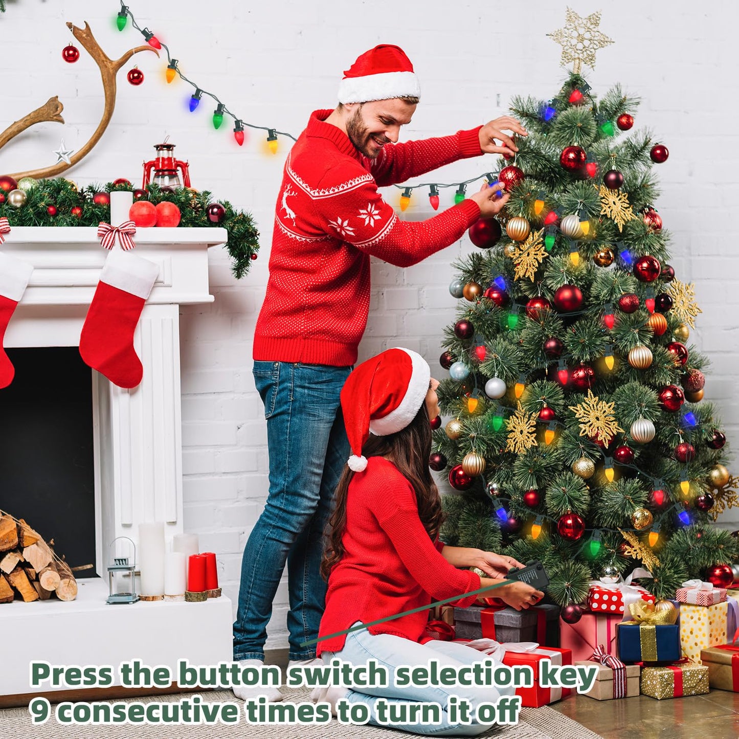 27.5Ft C7 LED Battery Operated Christmas Lights Outdoor with Timer, 8 Mode Twinkle Multicolor Christmas Tree Lights Indoor Outdoor Waterproof