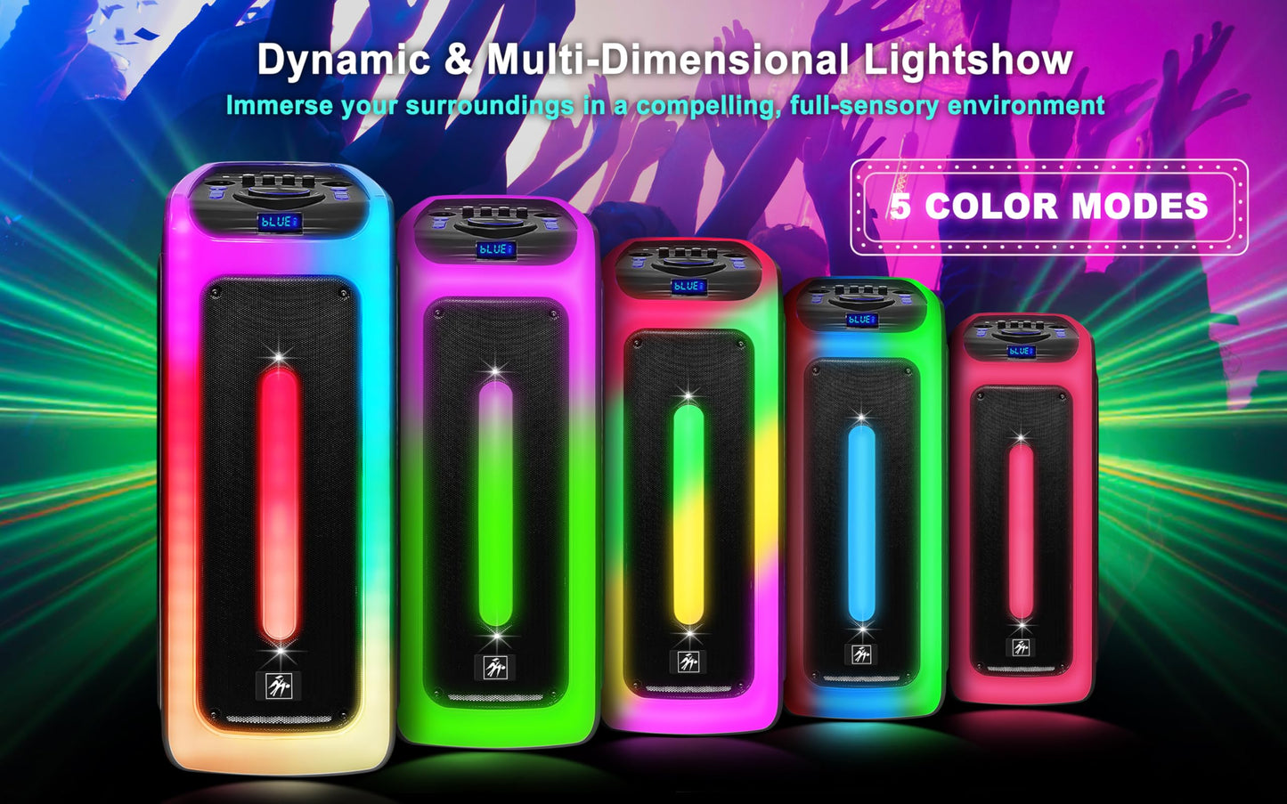 Fisher Bluetooth PA Stereo Speakers System-Karaoke Portable Wireless DJ, Dual 8" 80W Peak Power, Loud HD Sound & LED Lights, Rechargeable, TWS, 2 USB