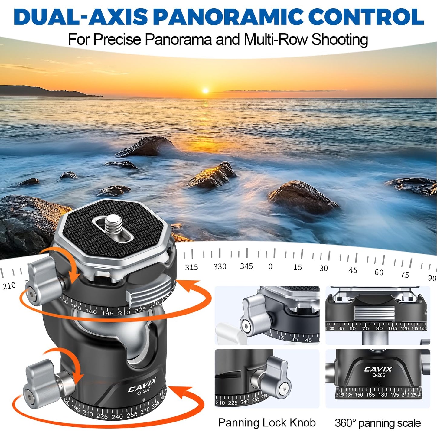 CAVIX Ball Head, Tripod Ball Head Mount 1/4" & 3/8" with Arca Quick Release Plate, 360° Rotating Panoramic Ball Head for DSLR