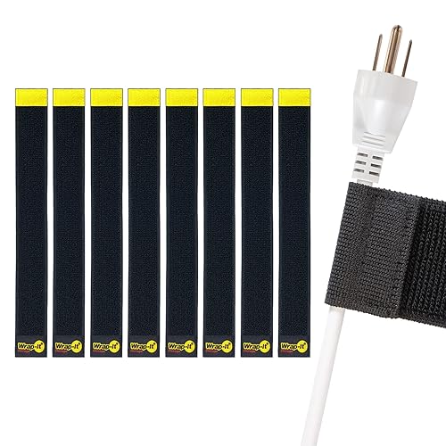 Selfie Straps by Wrap-It Storage, 12-inch (8-Pack), Black - Stretchy Hook and Loop Cord Organizer that Stays Attached to Cord for Electrical Cable