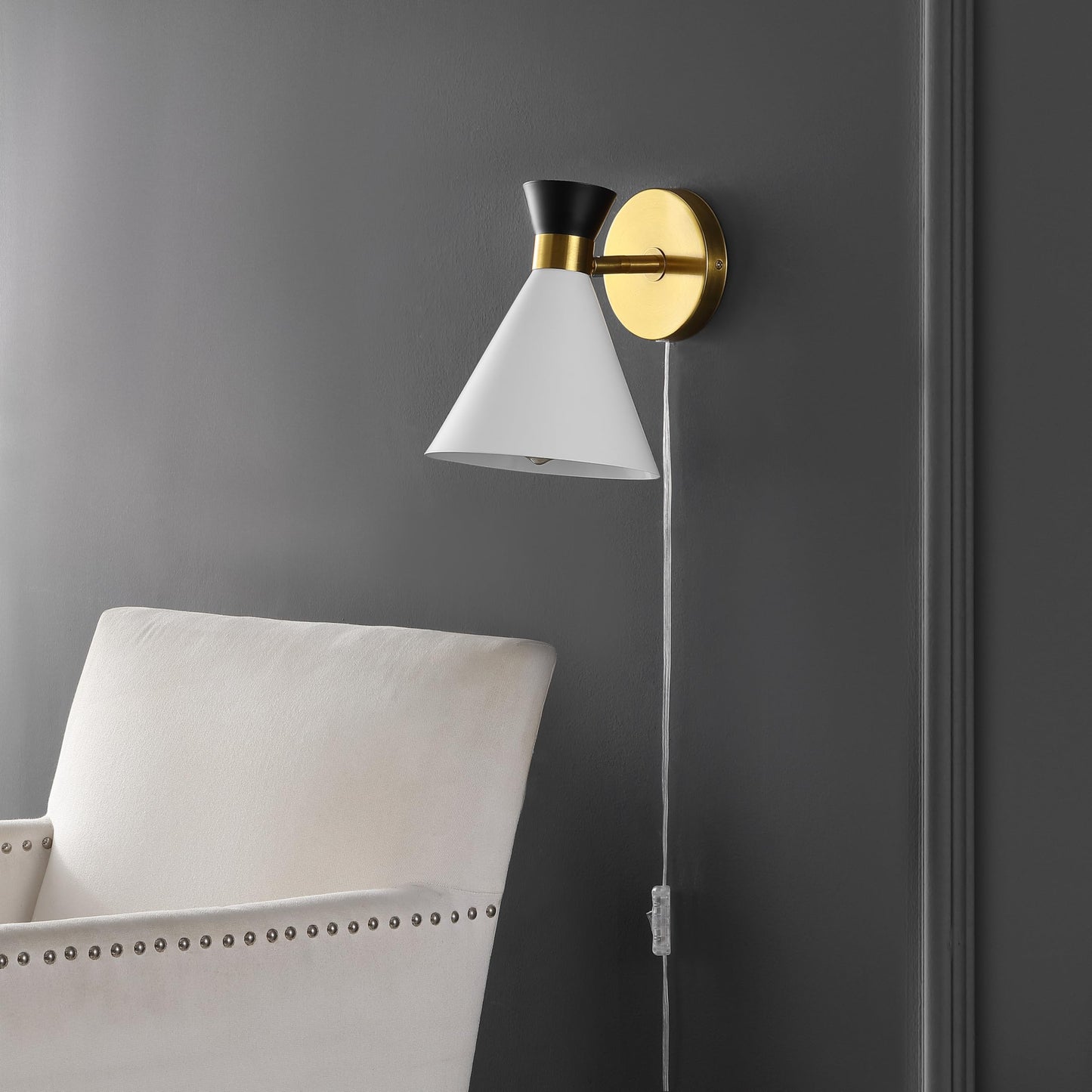 SAFAVIEH Lighting Collection Jordie Modern Black/White/Brass Downlight Wall Sconce Light Fixture, Ideal for Bathroom, Entryway, Vanity, Foyer