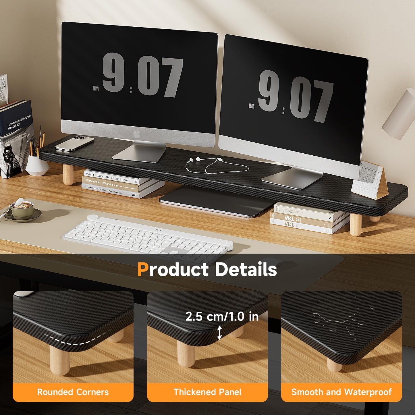 Dual Monitor Stand Riser, 39 Inch Extra Long Wooden Desktop Monitor Riser with Storage for 2 Monitors Ultra Strong Desk Shelf Organizer Riser