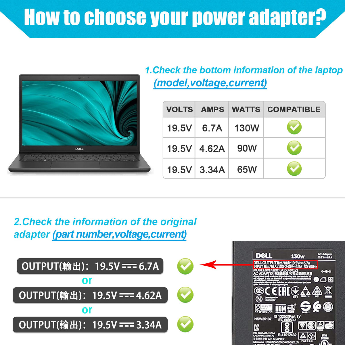 AYKLCZUU 130W Laptop Charger for Dell XPS 15, Precision M20 M60 M70 M90 M2400 M4400 M6300 LA130PM121 DA130PE1-00 Inspiron 11 15 7000 7559 N7110 N5110