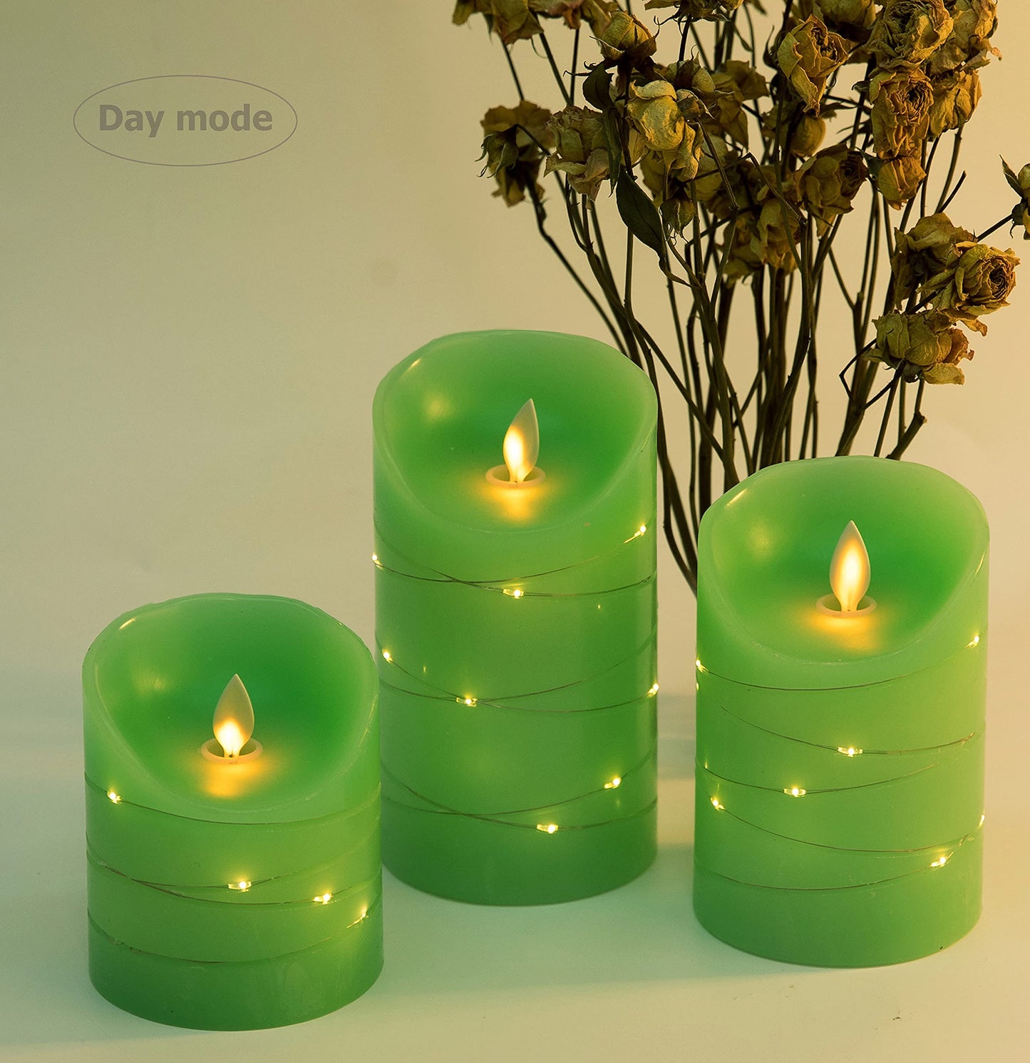 Green LED flameless Candle with Embedded Starlight String, 3 LED Candles, 10-Key Remote Control, 24-Hour Timer Function, Dancing Flame, Real Wax