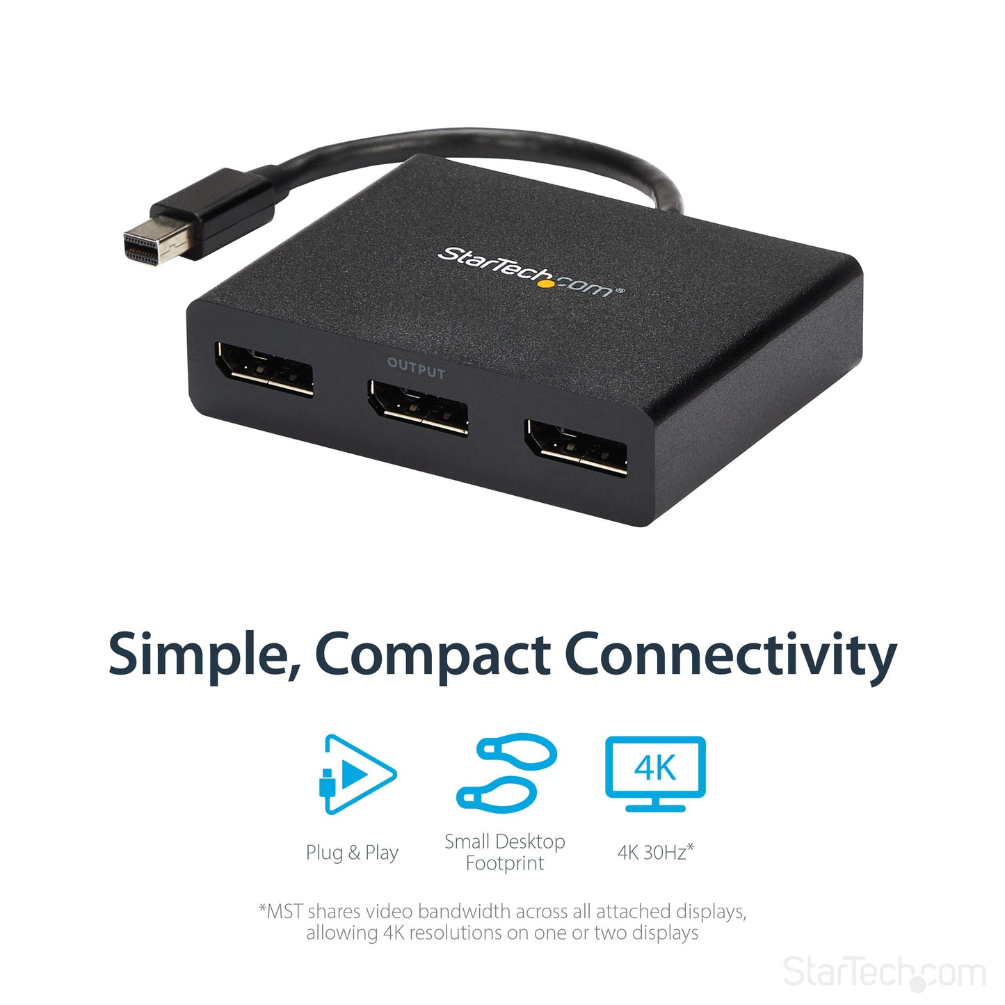 StarTech.com 3-Port Multi Monitor Adapter - Mini DisplayPort to DisplayPort MST Hub, Dual 4K30Hz & 1x 1080p - Video Splitter for Extended Desktop Mode