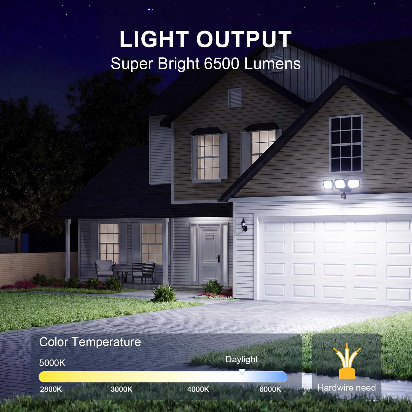 Dawnrise 6500LM LED Security Light, 270°, 72FT Detected Range Motion Sensor Outdoor Light, Dusk to Dawn Outdoor Flood Lights with IP65 Waterproof