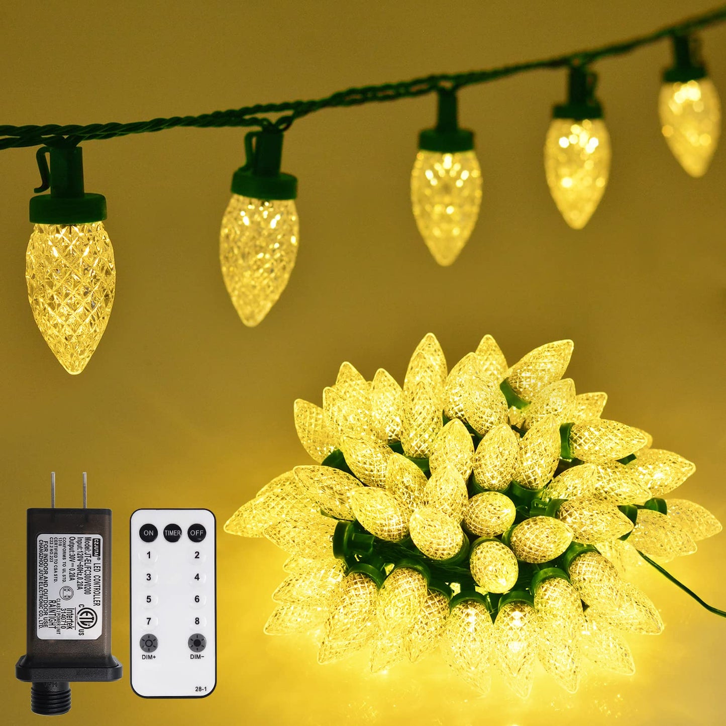 ZAIYW C9 Christmas Lights String, 66ft 100 LED Strawberry String Lights UL Plug C9 String Lights Green Wire Waterproof for Outdoor Roof Eaves Garden