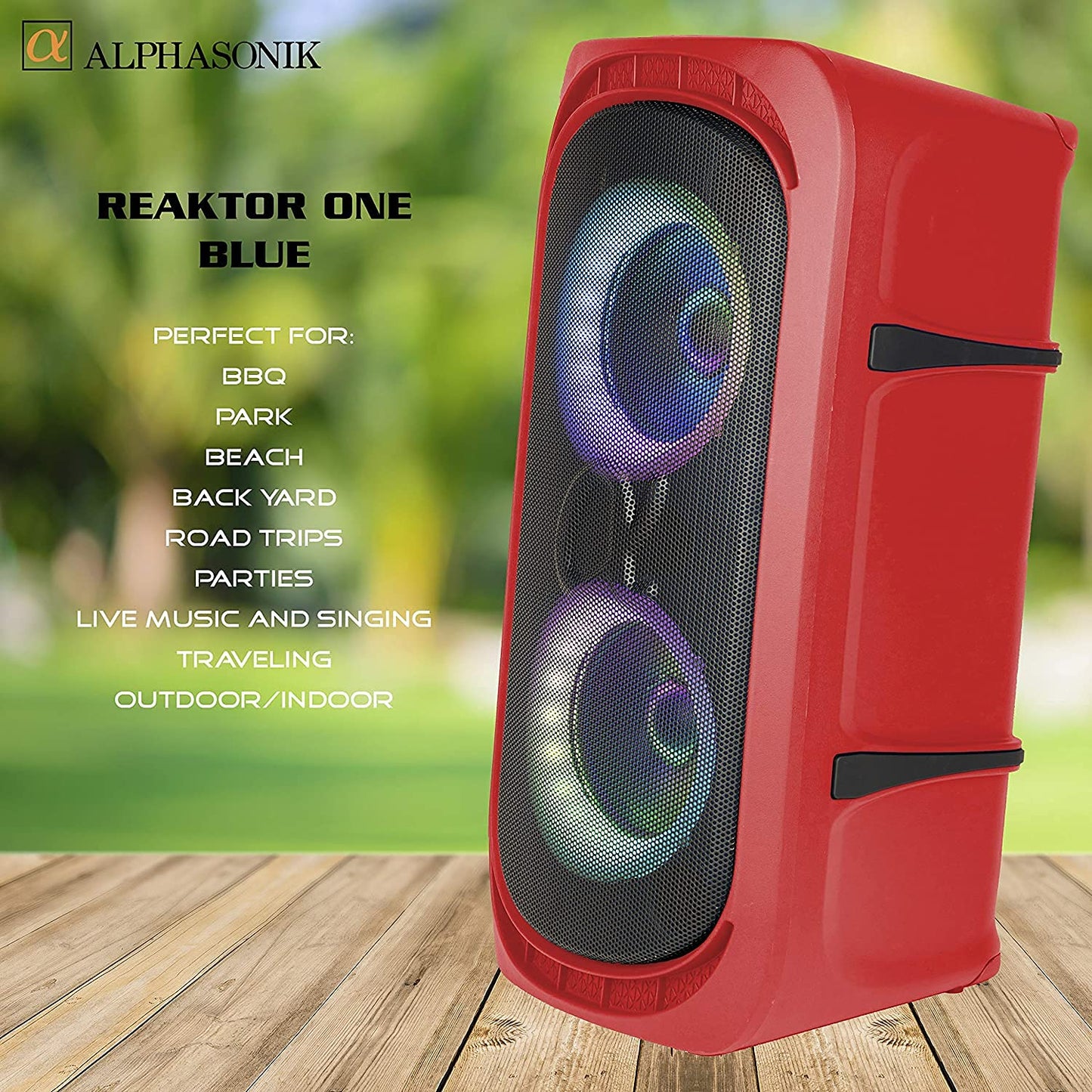 Alphasonik Reaktor One Portable Party Speaker Box High Power Alpha Bass Technology Wireless Bluetooth Mic and Guitar Inputs Phone Charger USB Player