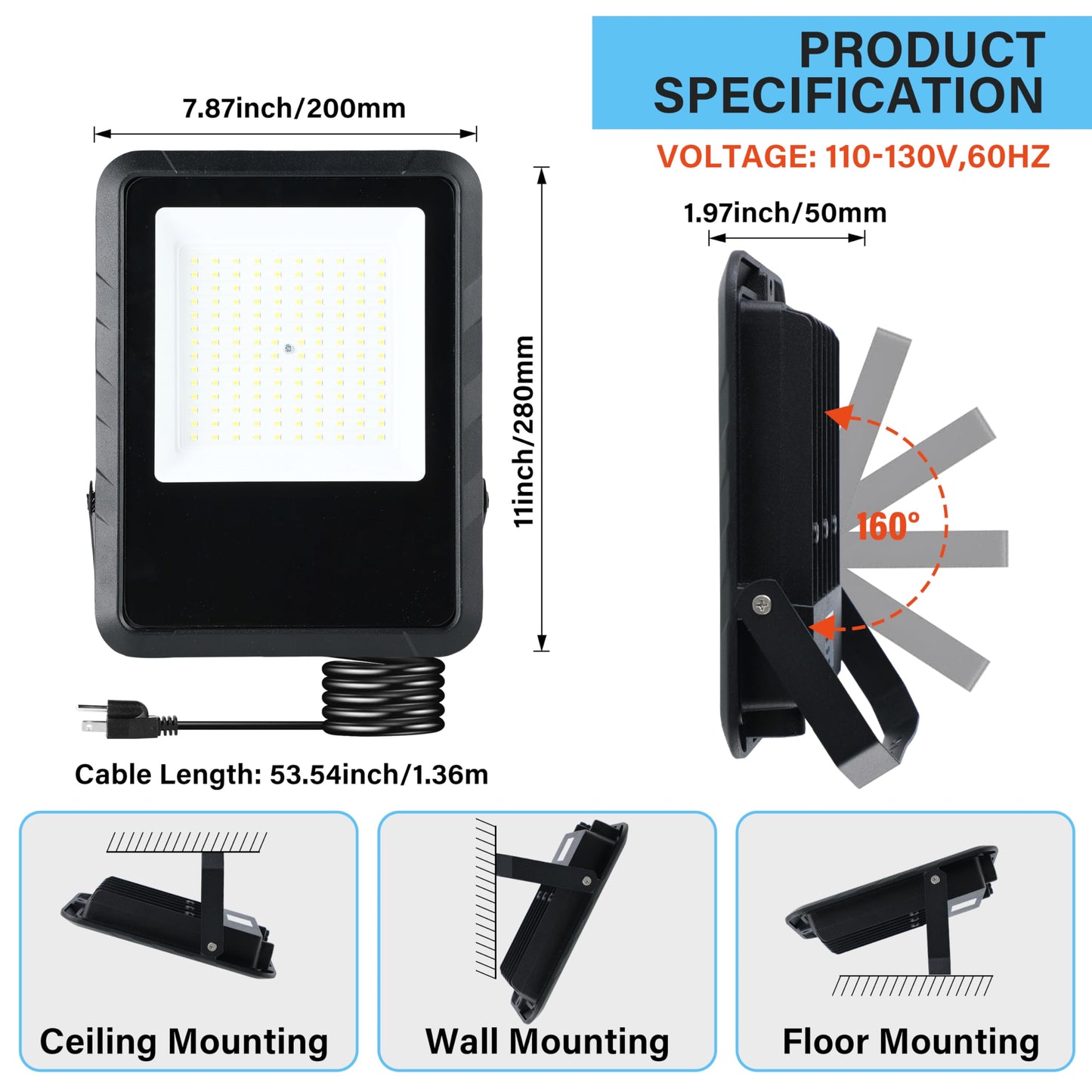 Simple Deluxe 2 Pack LED Flood Lights Outdoor, 100W 10000LM Super Bright Outside Work Light with Plug, IP65 Waterproof, 6500K Floodlight for Garage