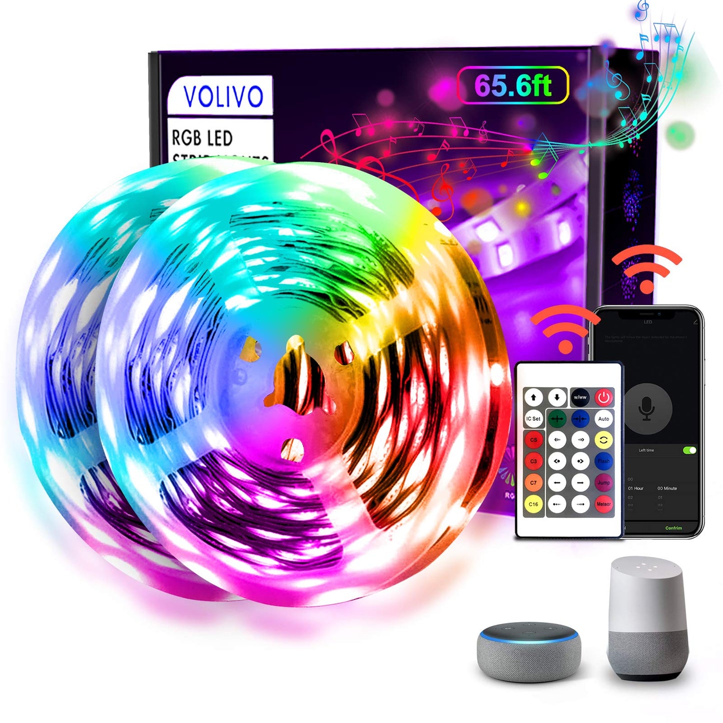 VOLIVO 65.6 FT WiFi LED Strip Lights,LED Light Strip Compatible with Alexa and Google Home,App/Remote/Voice Controlled Music Sync Color Changing