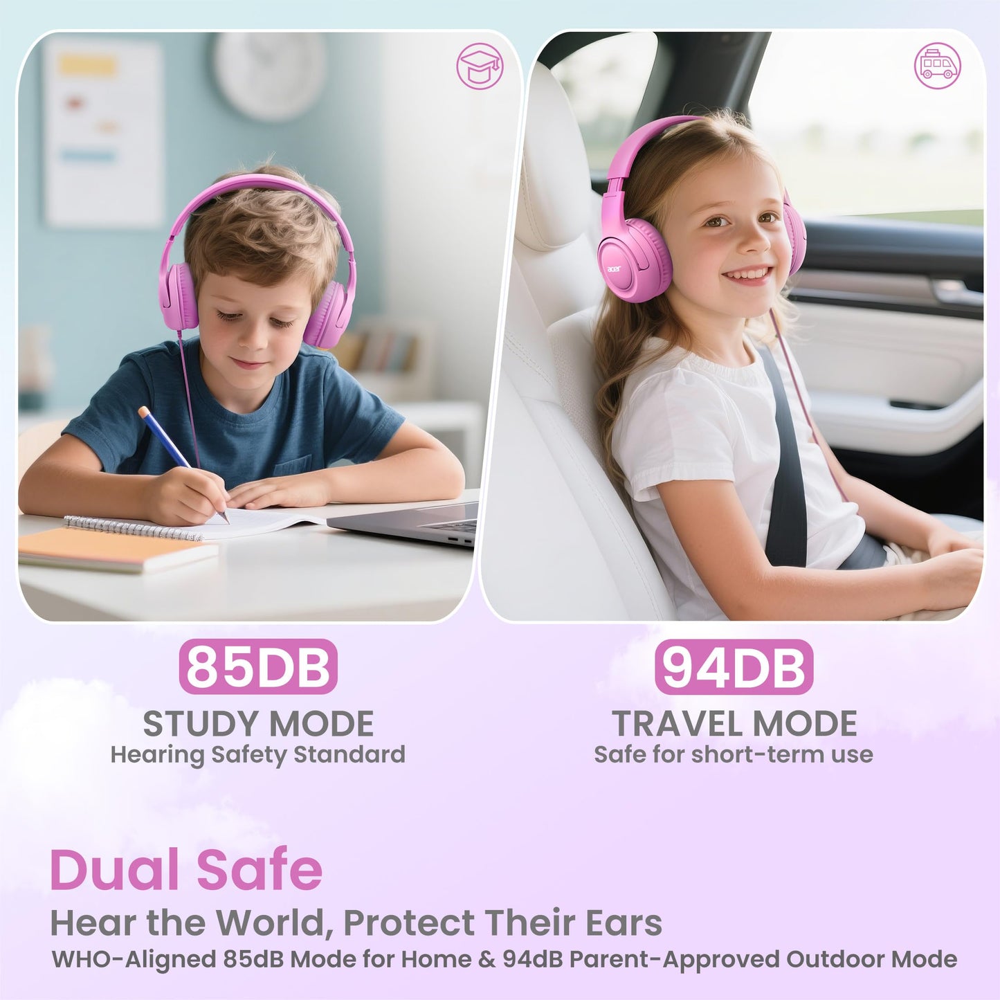 Acer Kids Headphones for School, 85-94dB Limiter, 3.5mm Jack, w/Mic HK03