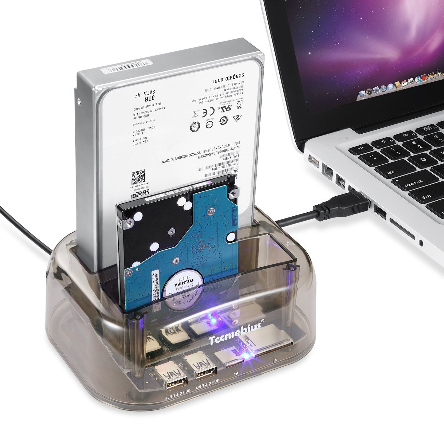 Tccmebius TCC-S865 USB 3.0 to SATA IDE Dual Slots External Transparent Hard Drive Docking Station with Card Reader and 2 Ports USB 3.0 Hub for 2.5 3.5