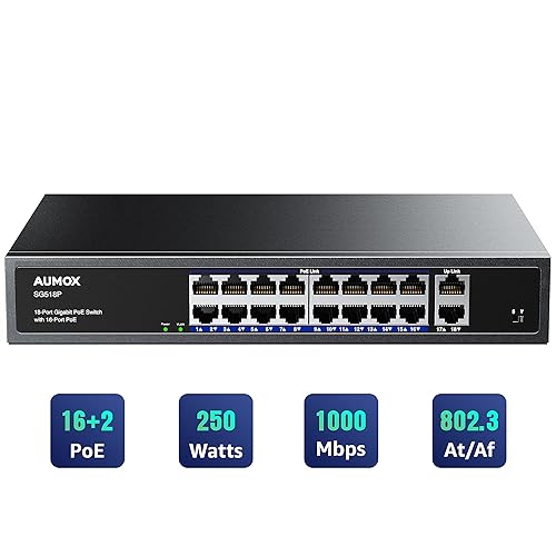 Aumox 18-Port Ethernet Gigabit PoE Switch, 16-Port PoE with 2 Uplink Gigabit Ports, 250W Built-in Power, Metal Casing and 19-inch Rackmount, Traffic