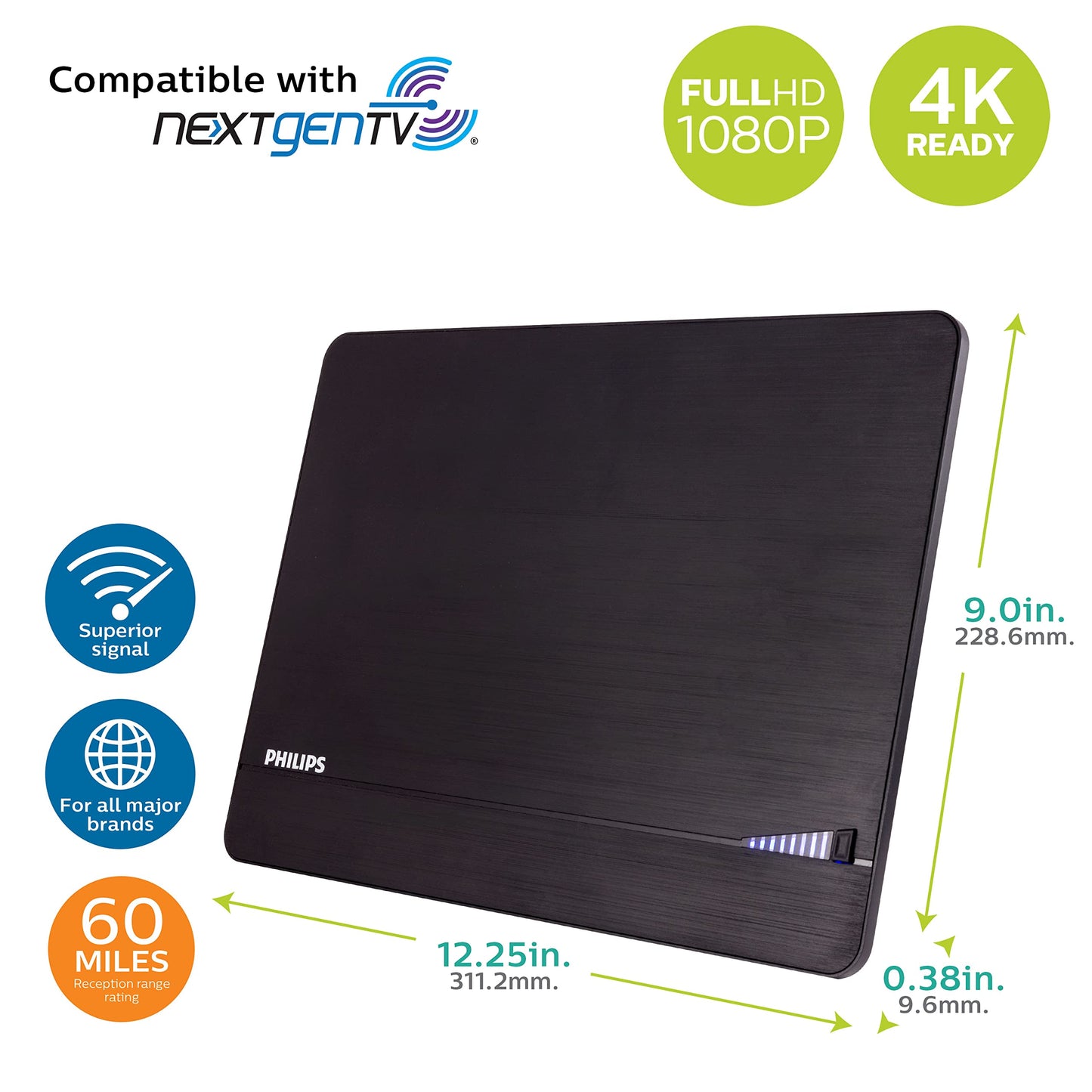 Philips Elite Channel Finder Indoor TV Antenna, Long Range Antenna, Signal Booster Amplifier, Digital, HDTV, Smart TV Compatible, 4K 1080P VHF UHF, 10