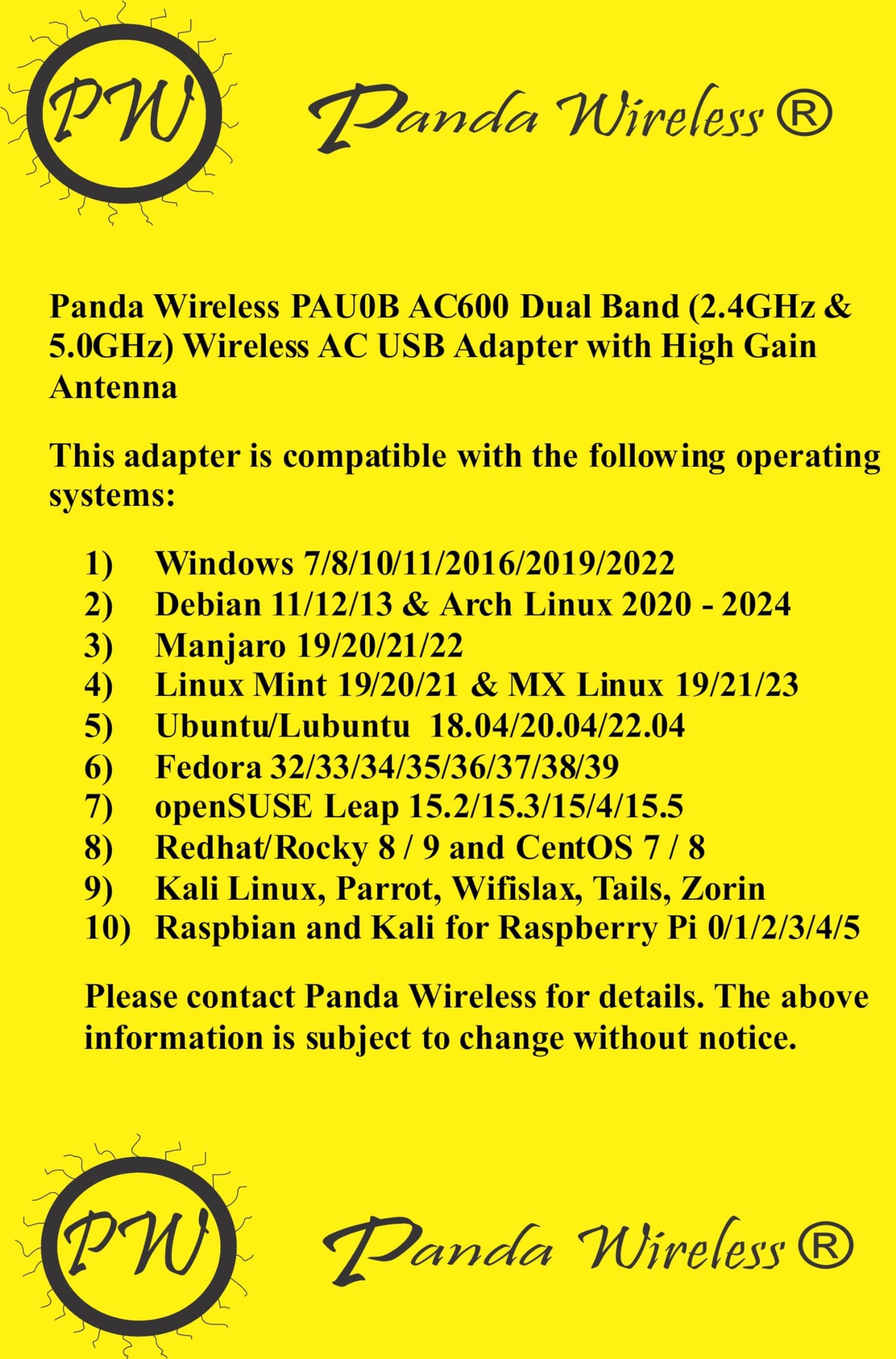 Panda Wireless PAU0B AC600 Dual Band (2.4GHz and 5GHz) Wireless N USB Adapter W/High Gain Antenna - Windows 7/8/8.1/10/11, Zorin, Mint, Ubuntu