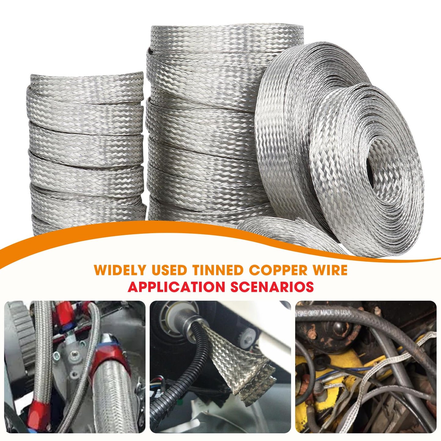 SUNNAREPOON Tinned Copper Wire Shielding Sleeve, Expandable Ground Strap Wiring Braided Sleeving Metal Mesh Sheathing Cabling Wiring Protector