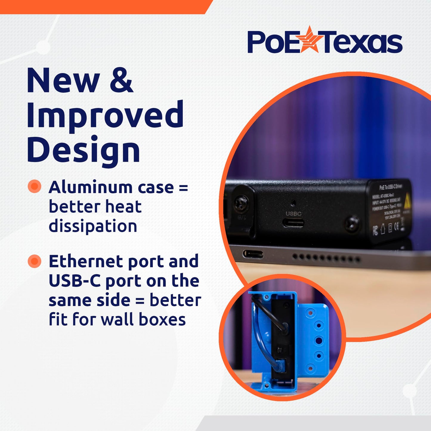 PoE Texas PoE+ to USB-C Splitter, 25W Power Delivery, 5-20V