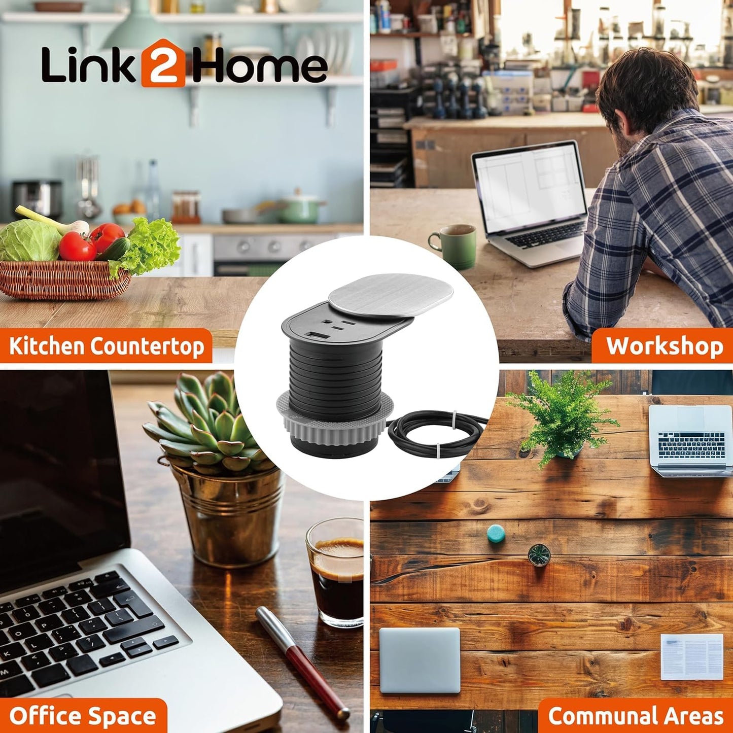 Link2Home 2 Pack Space Saver Grommet Socket with USB, 1 Power Outlet 15A, 1 USB Port 2.4A Fast Charge, Splash Resistant, and Stainless-Steel Finish