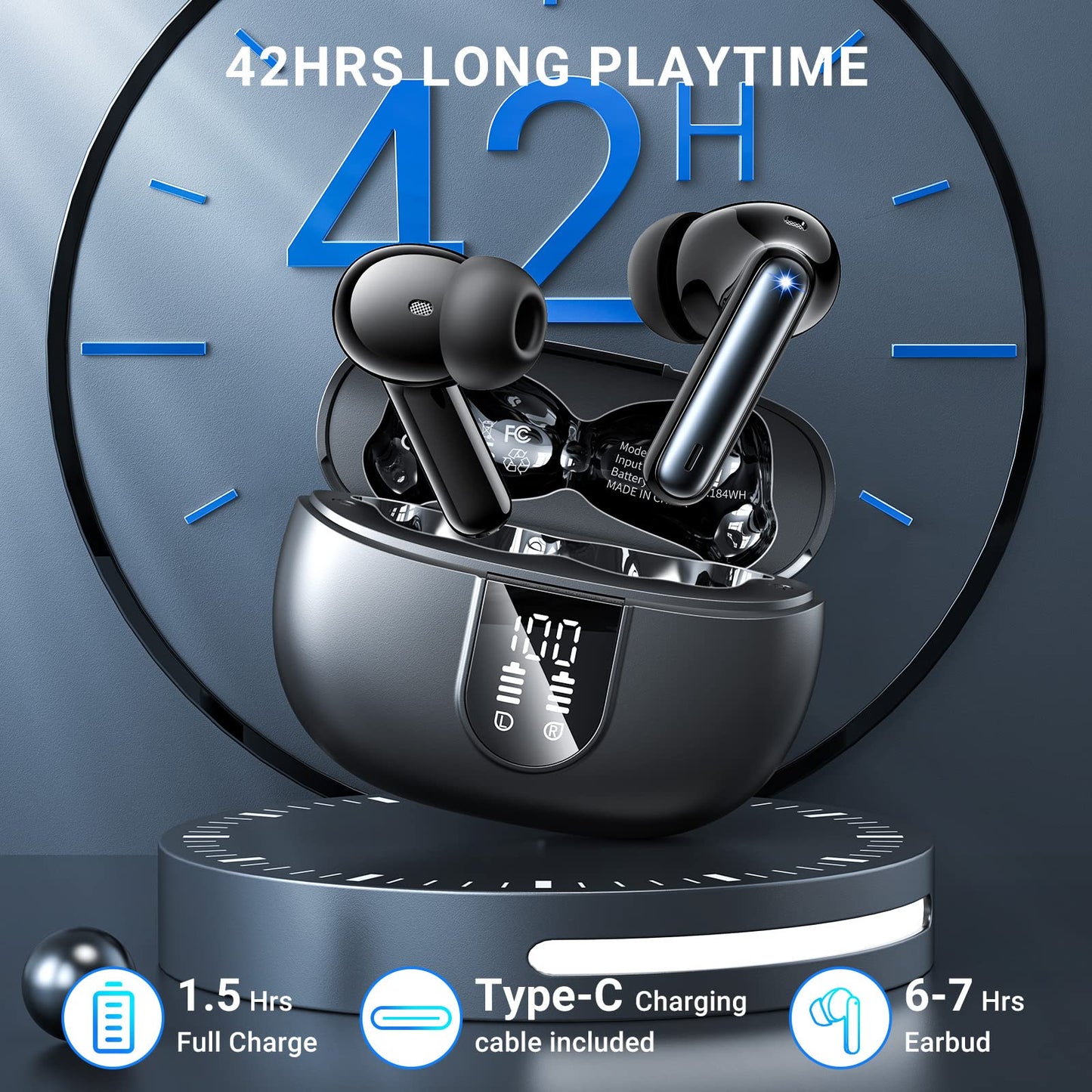Wireless Earbuds, 2024 Wireless Headphones HiFi Stereo Earphones with 4 ENC Noise Canceling Mic, 42Hs Playtime In Ear Earbud, Bluetooth 5.3 Sport