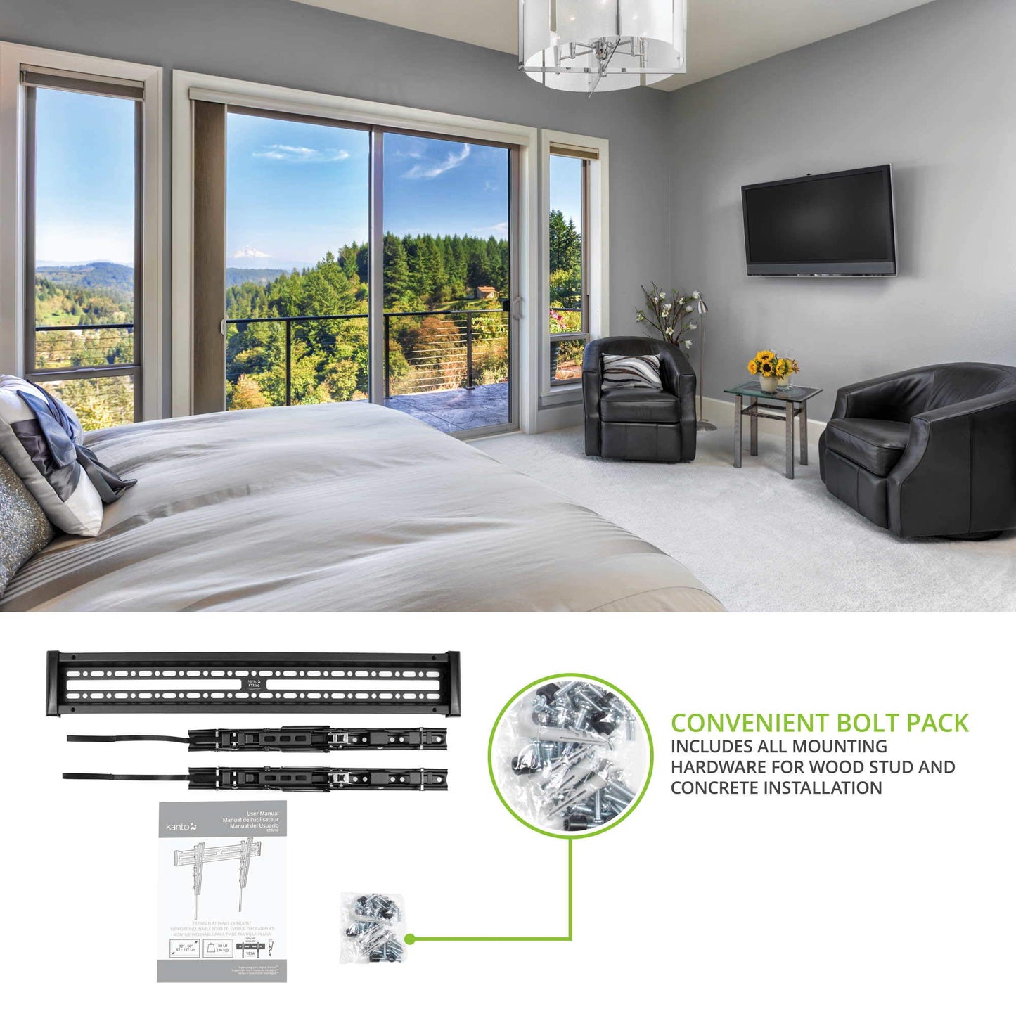 Kanto KT3260 Tilting TV Wall Mount | Fits 32” to 60” Monitors | Fits VESA Sizes 100 x 100 to 600 x 400 | Tilt Mechanism | Quick Release Tabs | Solid