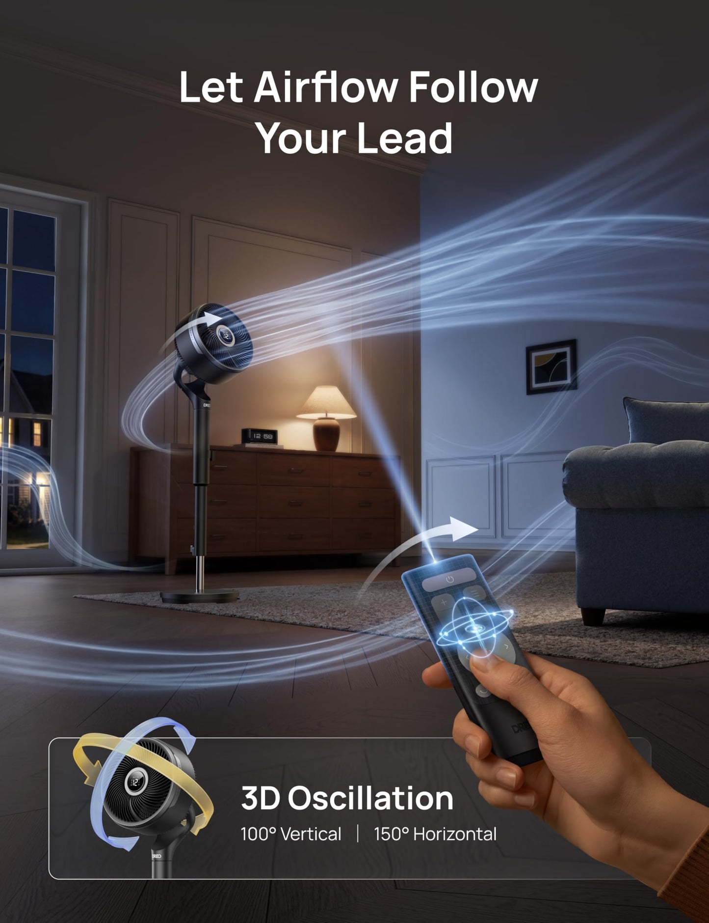 DREO Smart Fan for Bedroom, standing 150° +100° Omni-Directional Oscillating Fans, 120ft CirculAir Quiet Fan with DC Motor, 12 Speeds, 6 Modes