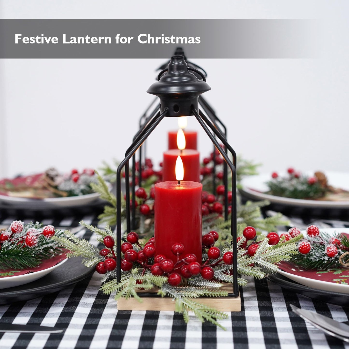 Rhytsing Christmas Table Centerpieces, H10 Inches Decorative Lantern with Real Wax Red LED Flameless Candle and Christmas Cedar Candle Ring, Battery