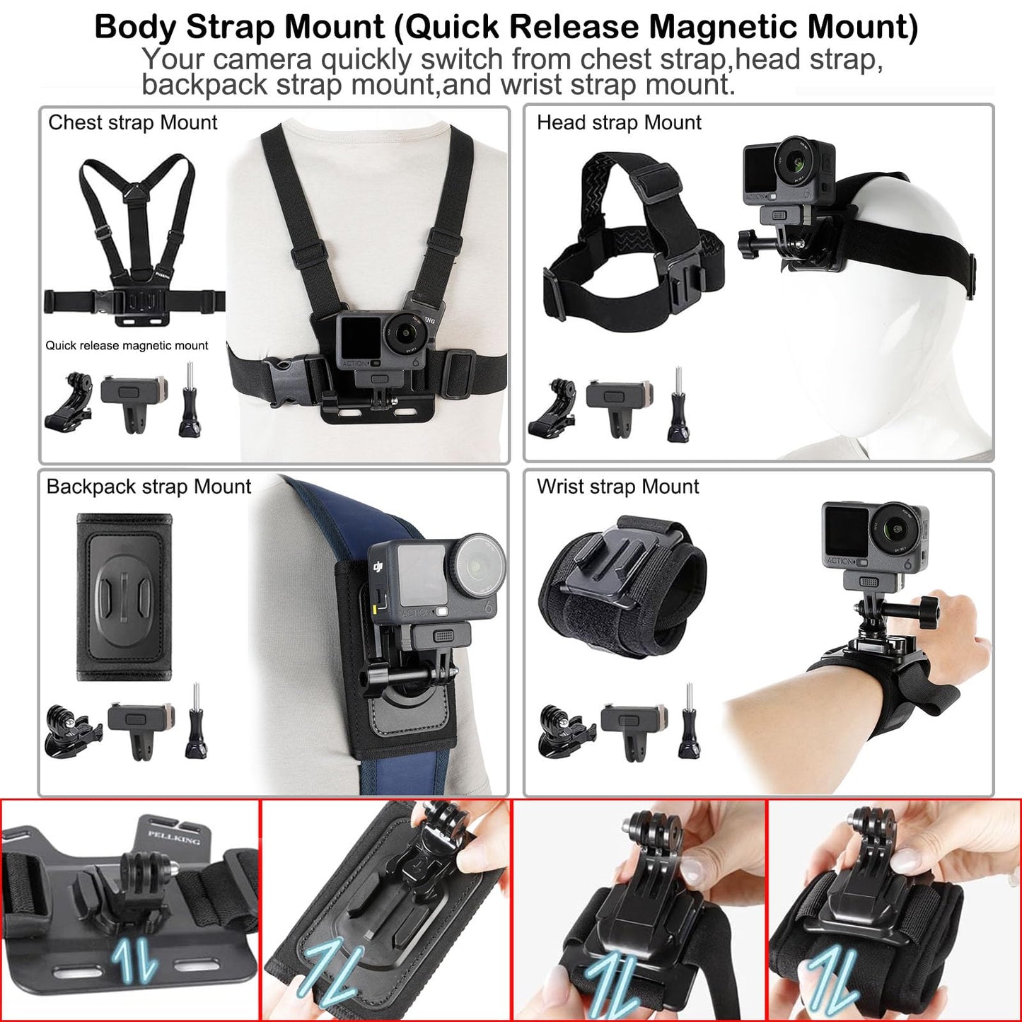 PellKing Accessories Kit for DJI Osmo Action 6,Carrying Case with Belt 135cm Selfie Stick Tripod Waterproof Housing Suction Cup Magnetic Handlebar