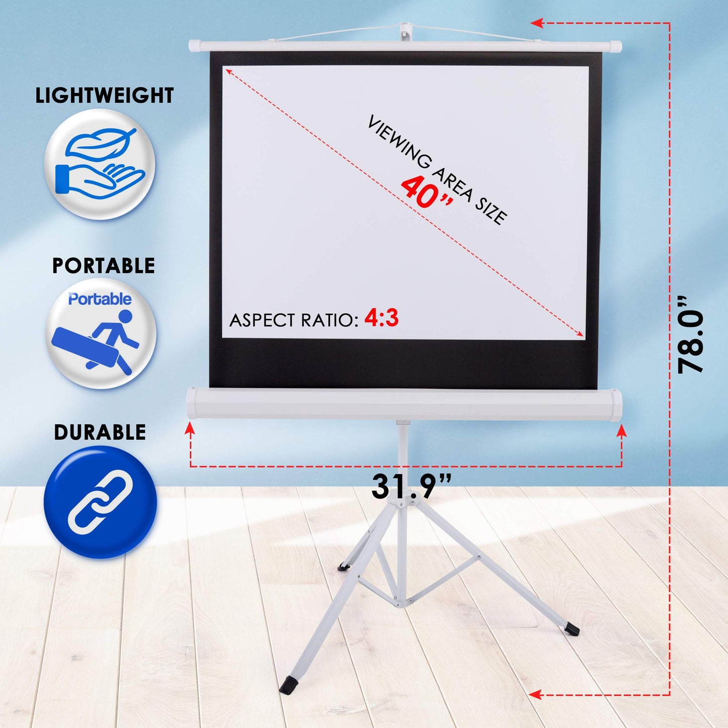 Pyle 40-Inch Portable Projector Screen with Tripod Stand - Lightweight and Durable Movie Projector Screen, Easy Pull Setup, 4:3 Aspect Ratio, Perfect