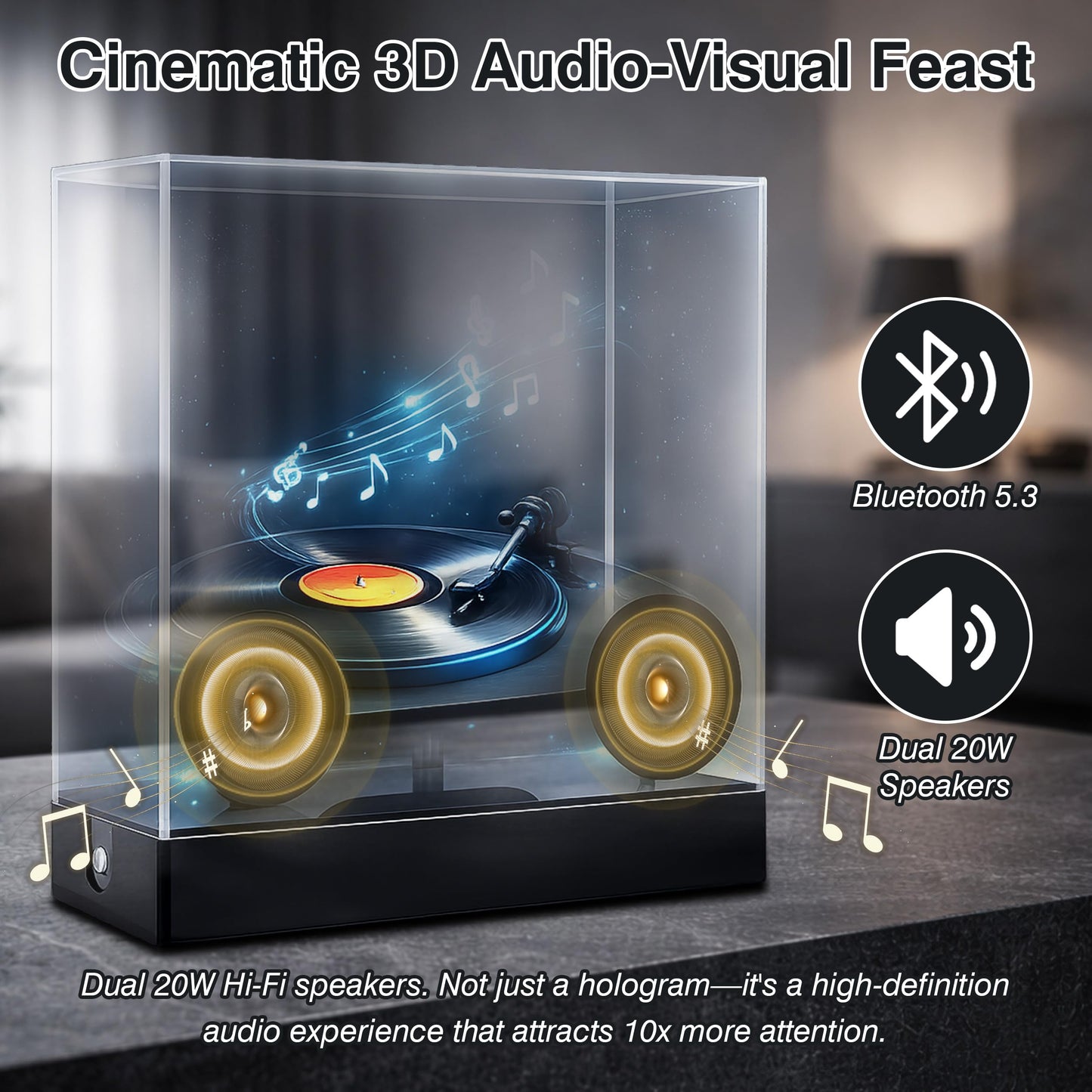 CAMINI 10" 3D Hologram Fan with Rechargeable Battery, Enclosed Safety Design Portable Holographic Fan with Bluetooth 5.3 Speaker, 3D LED Display
