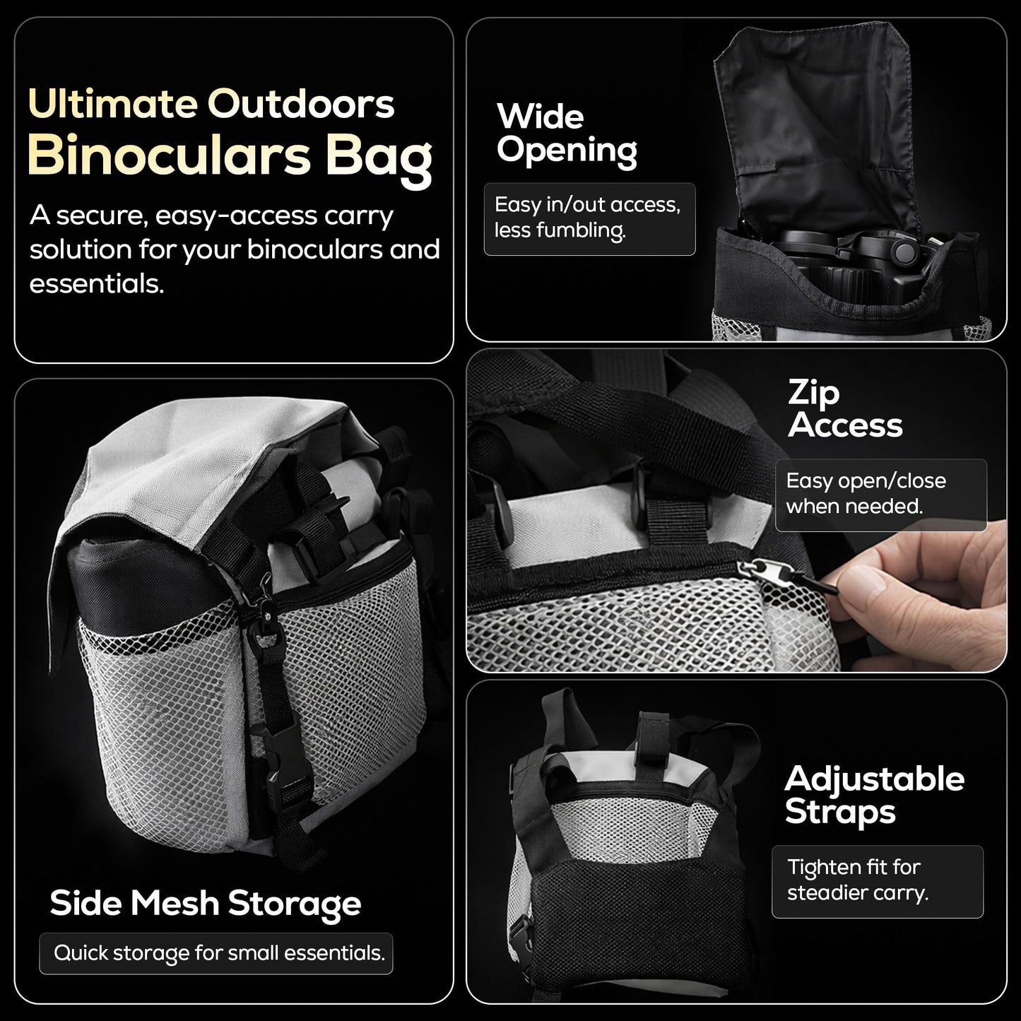 Ultimate Outdoors Binocular Harness Bag - Adjustable Chest Pack with Wide Opening, Zip Access, and Side Mesh Storage Pockets - Secure Carry