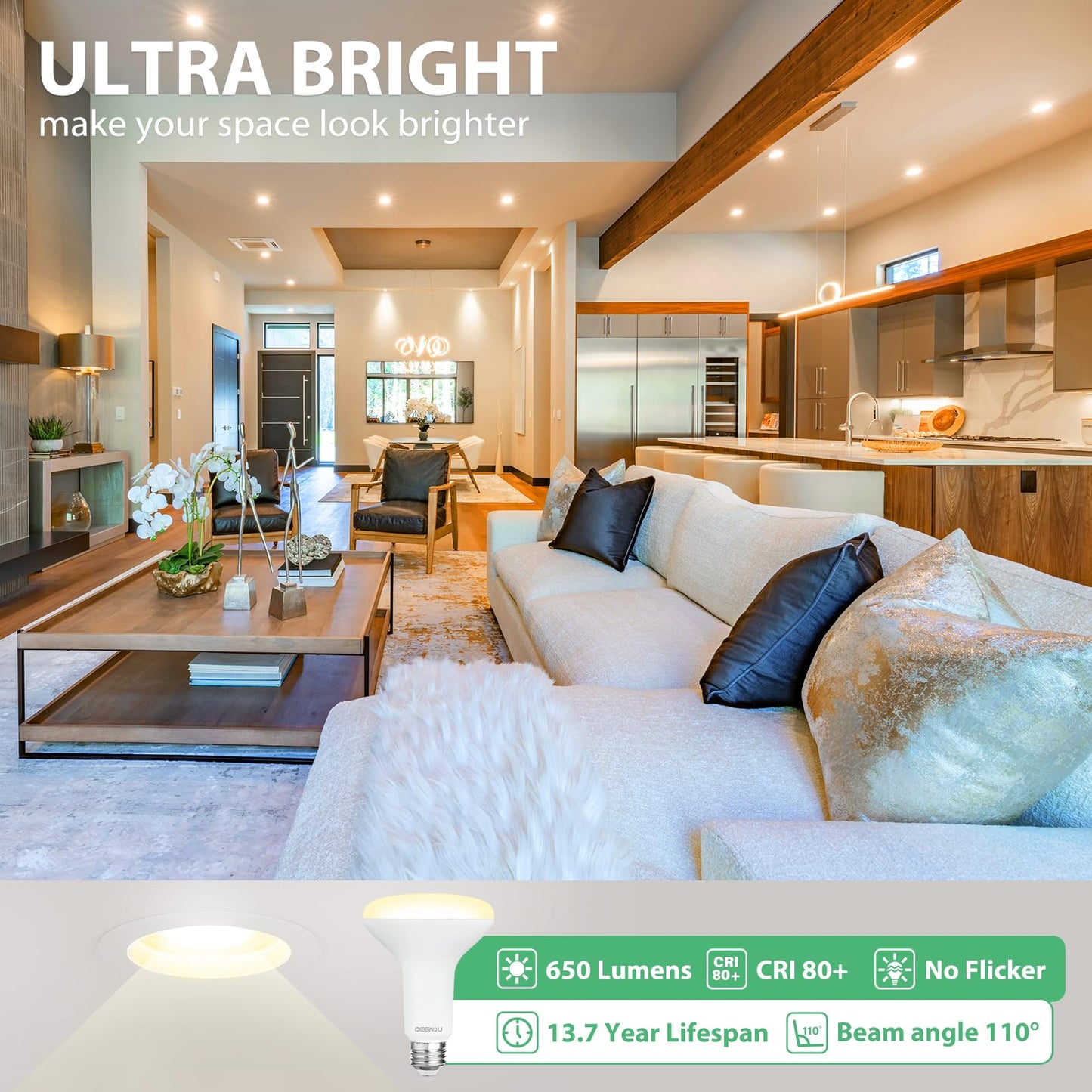 DEGNJU 12 Pack BR30 LED Recessed Light Bulb, Dimmable Indoor Flood Light Bulbs CRI80 7W Equivalent 65W 2700K Soft White 650 Lumens, 15000 Lifetime