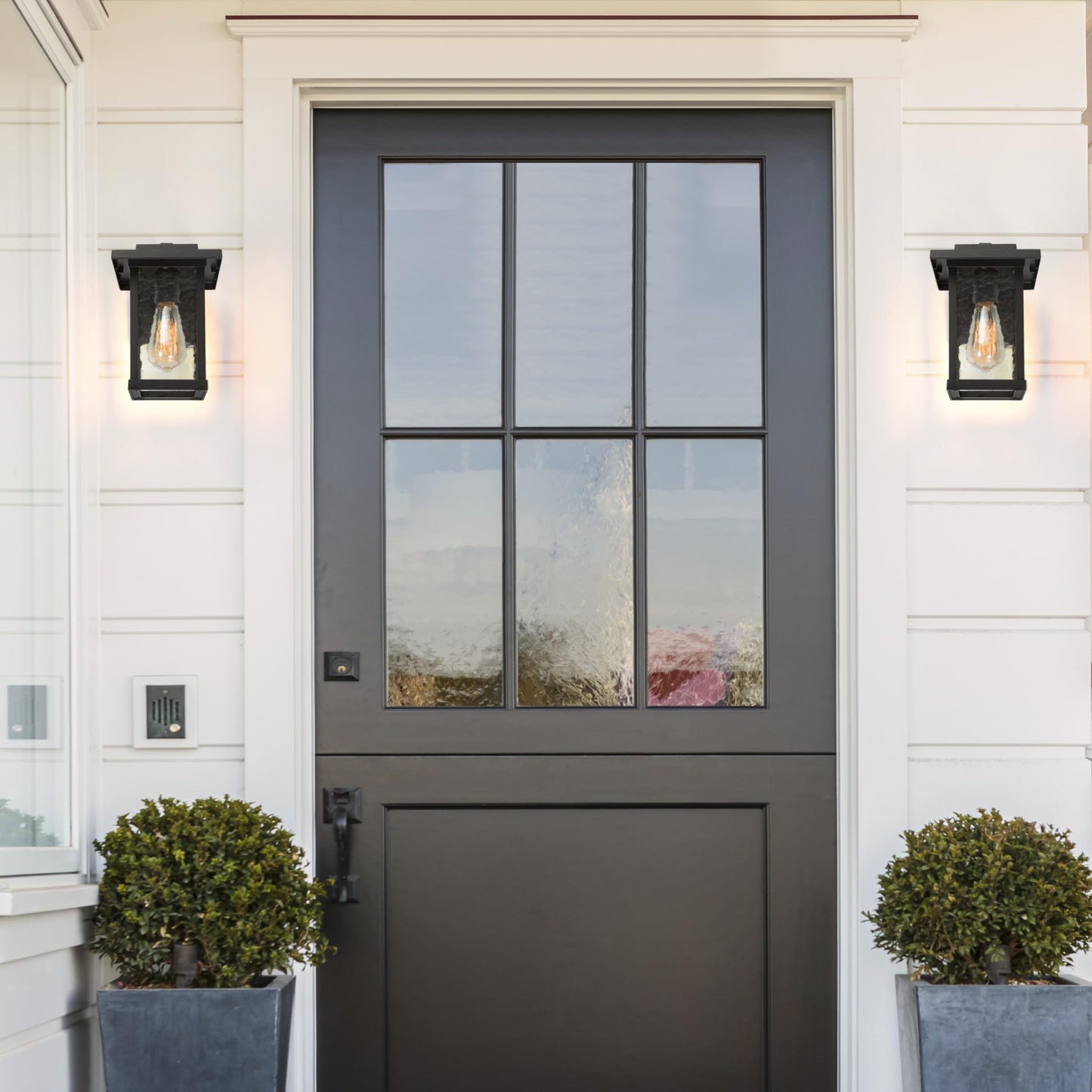 GEPOW Black Outdoor Wall Lights, Modern Farmhouse Porch Lights Outdoor Wall Mount with Water Ripple Glass, Waterproof Anti-Rust Rectangular Exterior