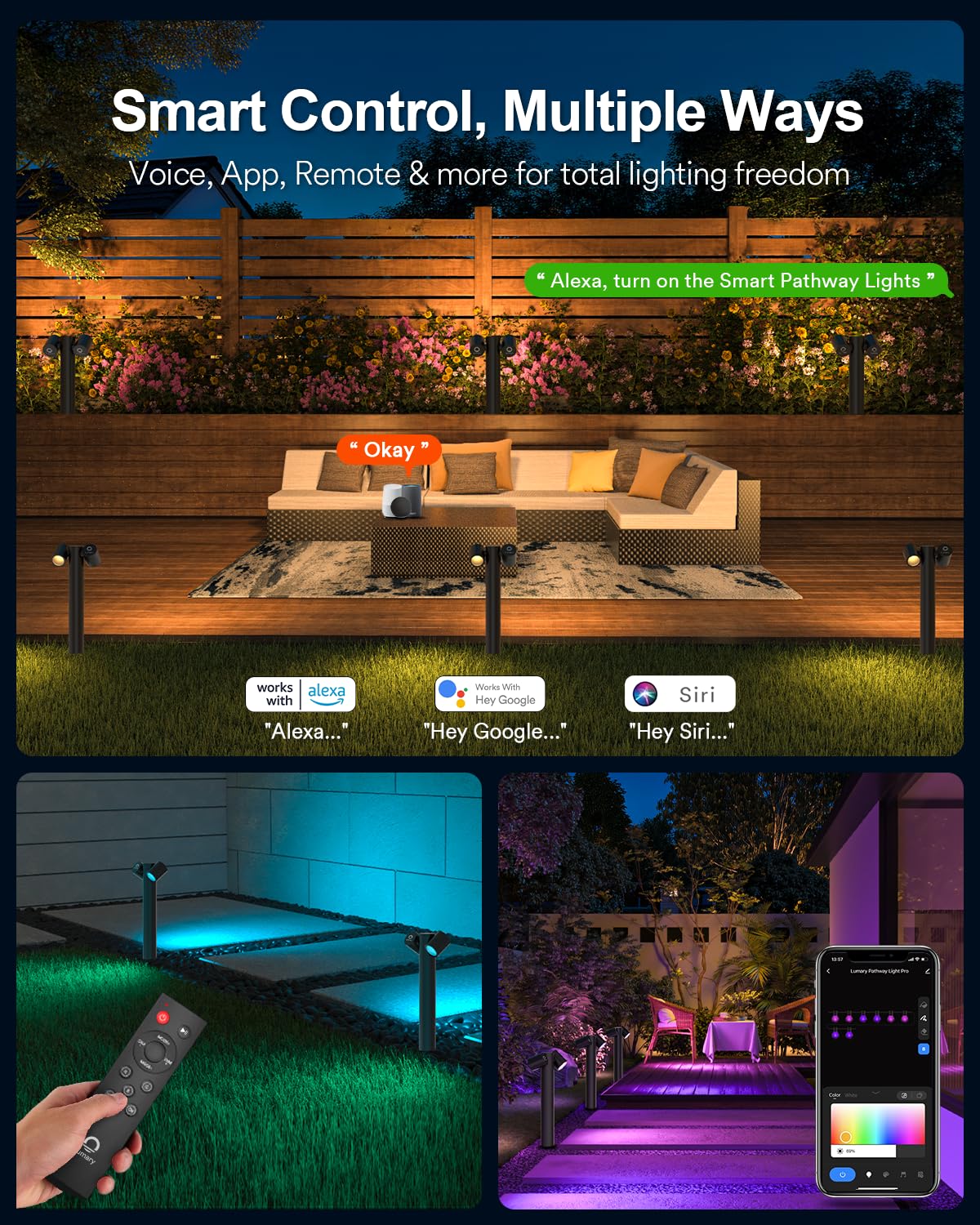 Lumary Smart Pathway Lights Pro 700LM, RGBAICW Color Changing Landscape Lights with 8 Adjustable 355° Spot Lights IP65 Waterproof, 48FT Wired Outdoor