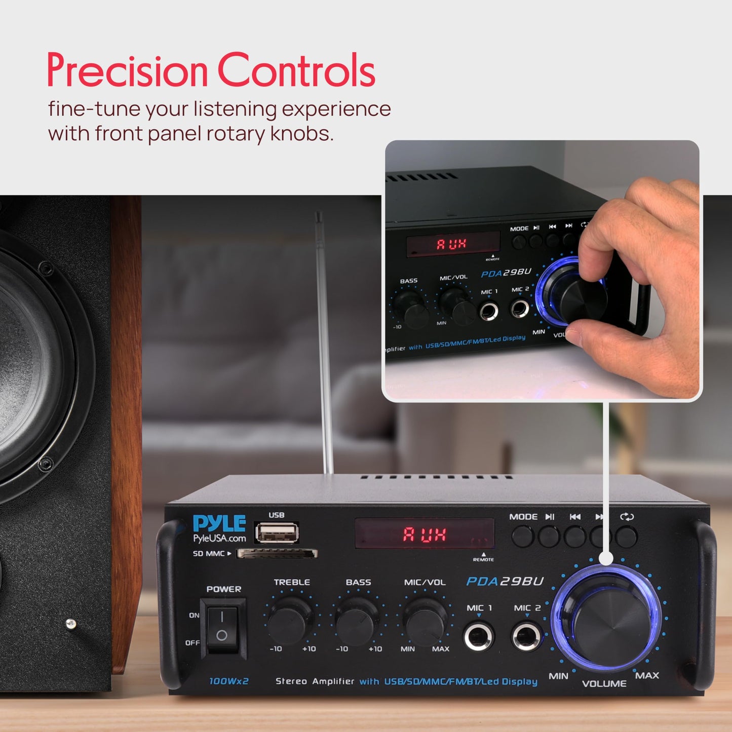 Pyle 200W Bluetooth Compact Power Amplifier - Wireless 2 Channel Audio Receiver with Dual Karaoke Mic Input - RCA - USB-A + SD Card MP3 Player - FM
