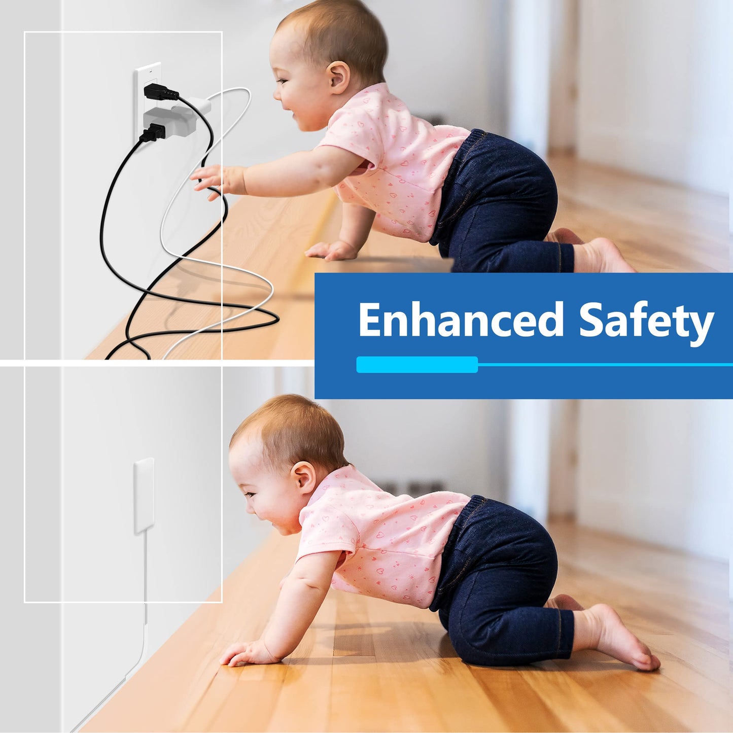 LIDER Flat-Face Outlet Extender with 3 Receptacles, Ultra-Thin Wall Plate Plug with Cord Extender and 3-Outlet Power Strip, 3ft Cord, LWE3-315-W
