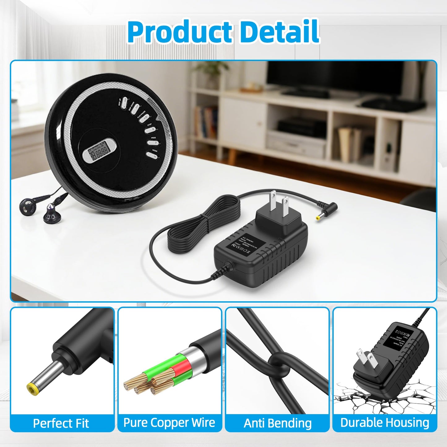 PK Power Ac Dc Adapter for GPX PC308B PC108B PC332B PC800 PC800B PC101B A03783 Portable Compact Disc CD Player Replacement Power Supply Cord