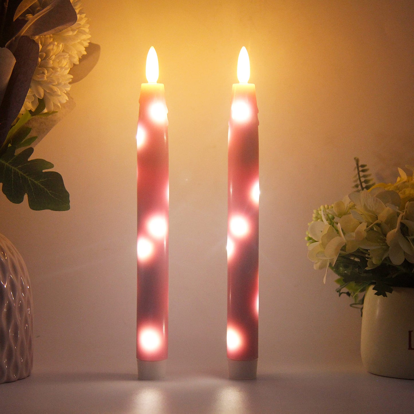 HVTDECOR Flameless Flickering Taper Candles Battery Operated with Embedded String Lights, wtih Timer and Remote, LED Real Wax Tapered Dinner Candle