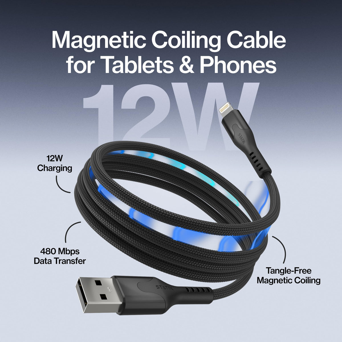 Statik MagStack USB A to Lightning Coiling Magnetic Charging Cable, 12W