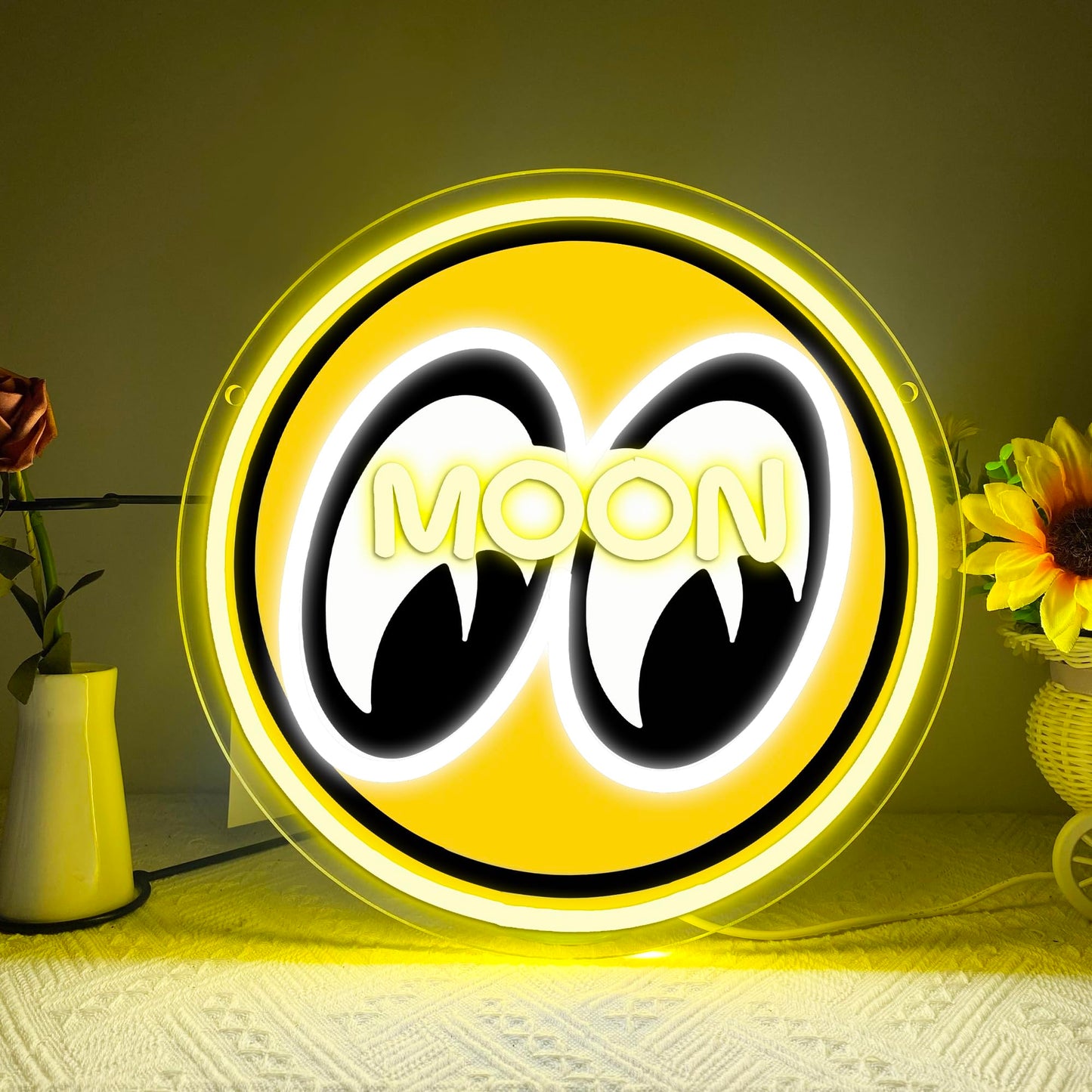 Moon and Eyes Neon Sign,Dimming LED Moon Eyes LED Neon Light for Garage Wall Art, Retro Automotive Gift, Man Cave Decor Bedroom Neon Sign Display