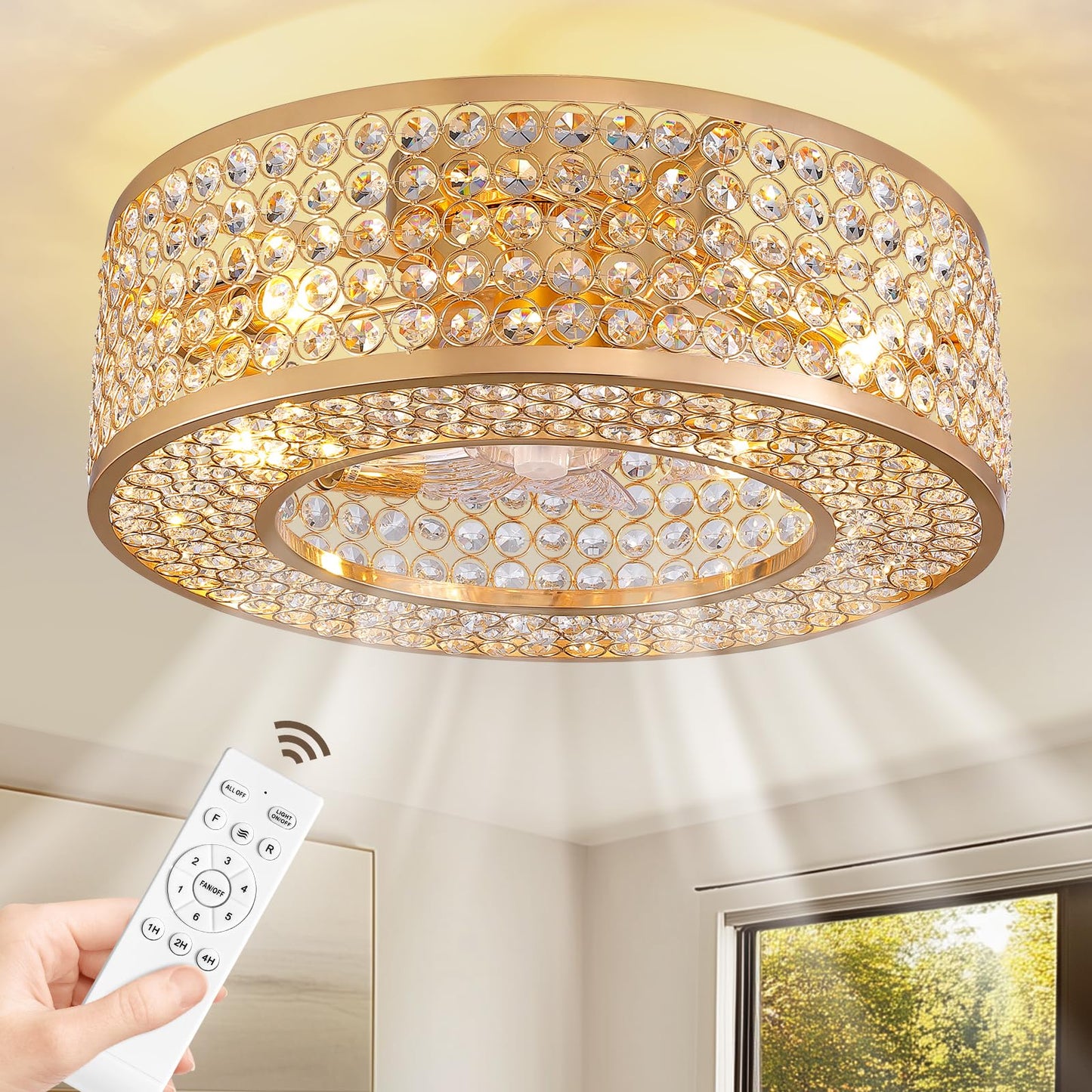 APBEAMLighting 20" Caged Crystal Ceiling Fan with Lights Flush Mount Gold Fandelier Low Profile Chandelier Fan Enclosed Ceiling Fan Light Fixtures